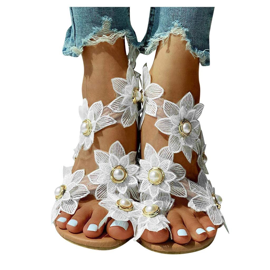 HINDOLA Women's Bohemian Rhinestone Pearl Flat Sandals - Stylish Thong Gladiator Open-Toe Dress Shoes for Summer, Beach, and Casual Outings