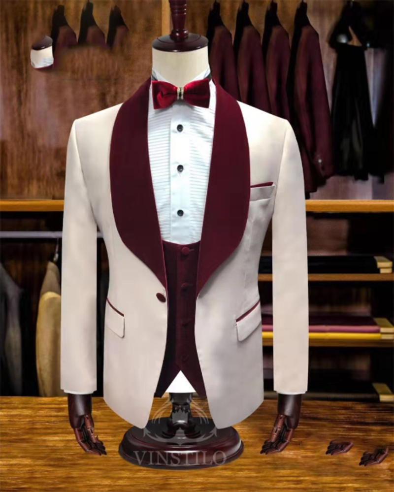 2021 Men's Ivory Burgundy Velvet 3-Piece Wedding Suit Set (Jacket+Pants+Vest) - Elegant Formal Attire for Grooms, Prom & Special Occasions | CB10919