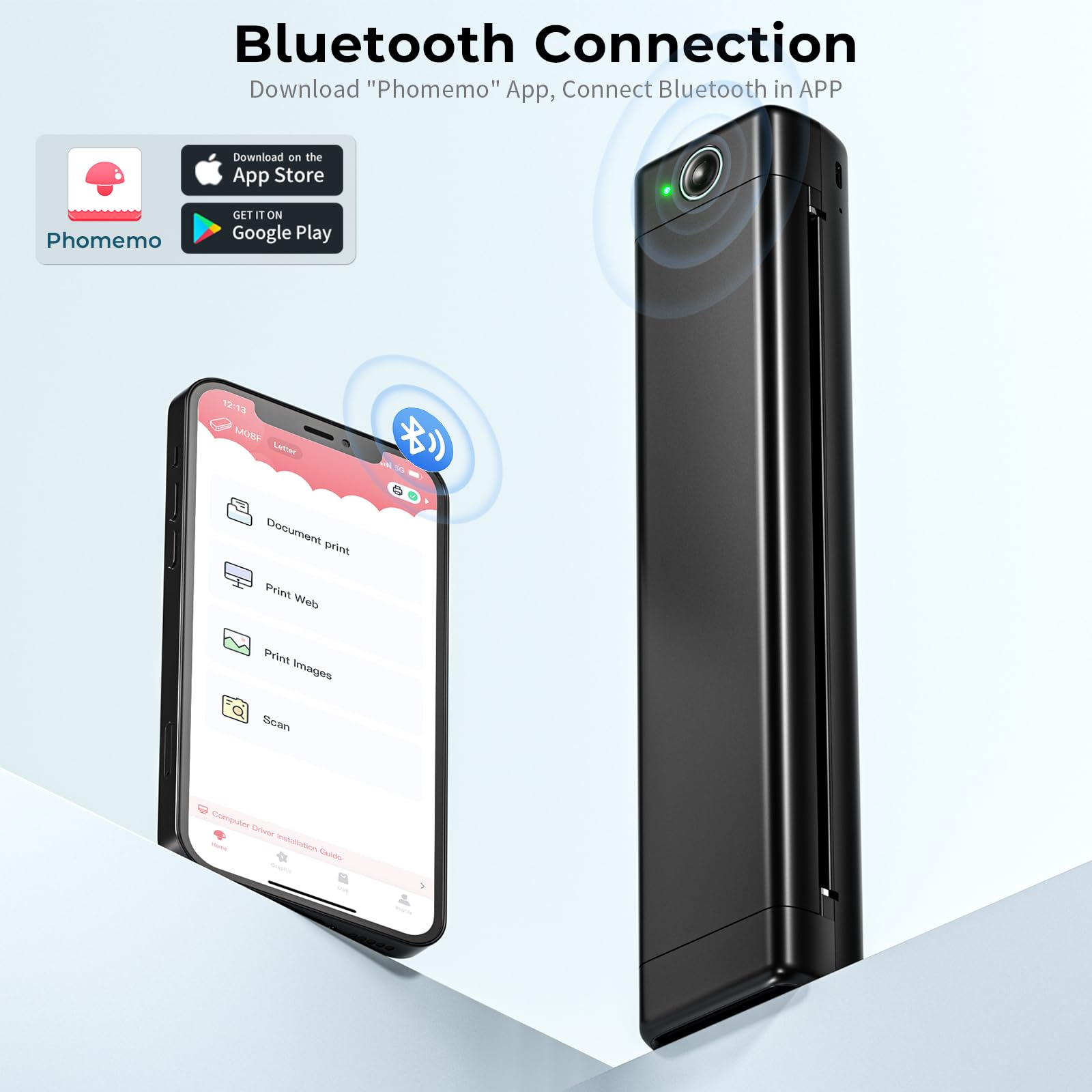 Phomemo M08F Wireless Thermal Portable Printer - Bluetooth Compact Inkless Printer for Travel & Home Use, Supports 8.5