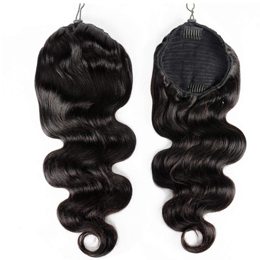 Brazilian Remy Human Hair Ponytail Extension - Body Wave Straight Hair Donut Chignon Wrap with Drawstring & 2 Clips | Natural Black Hairpiece for Women | Perfect for Parties, Weddings & Daily Styling