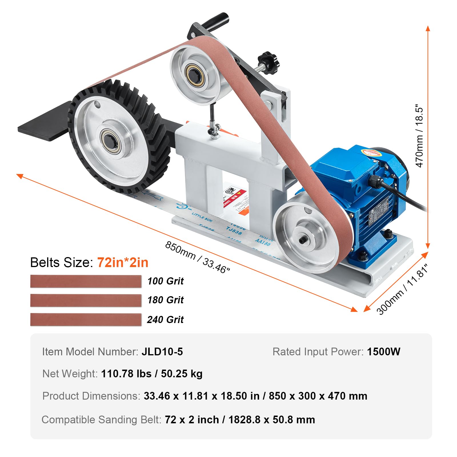 VEVOR 72 x 2-Inch Variable Speed Belt Grinder Sander with VFD - 1500W 2HP Polishing & Grinding Machine - Includes 3 Grinding Moulds & 3 Sanding Belts - Perfect for Metalworking, Knife Making, Woodworking & DIY Projects