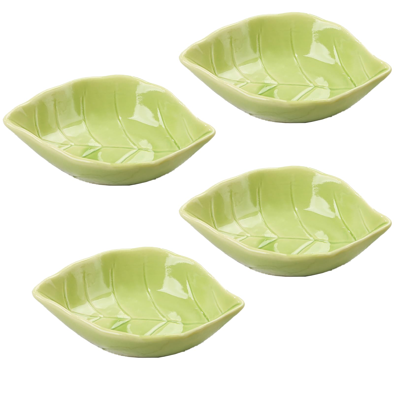WAIT FLY 4-Piece Green Ceramic Leaf-Shaped Condiment Bowls - Perfect for Seasoning Dishes, Tea Bag Holders, Ketchup Saucers, Appetizer Plates, and Sushi Wasabi Dipping - Ideal for Kitchen, Dining Table, and Party Serving