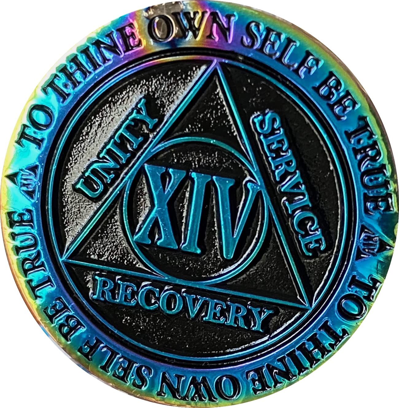 14 Year AA Medallion Reflex Rainbow Plated Black Sobriety Chip - Alcoholics Anonymous Recovery Token for Milestone Celebration & Support Groups