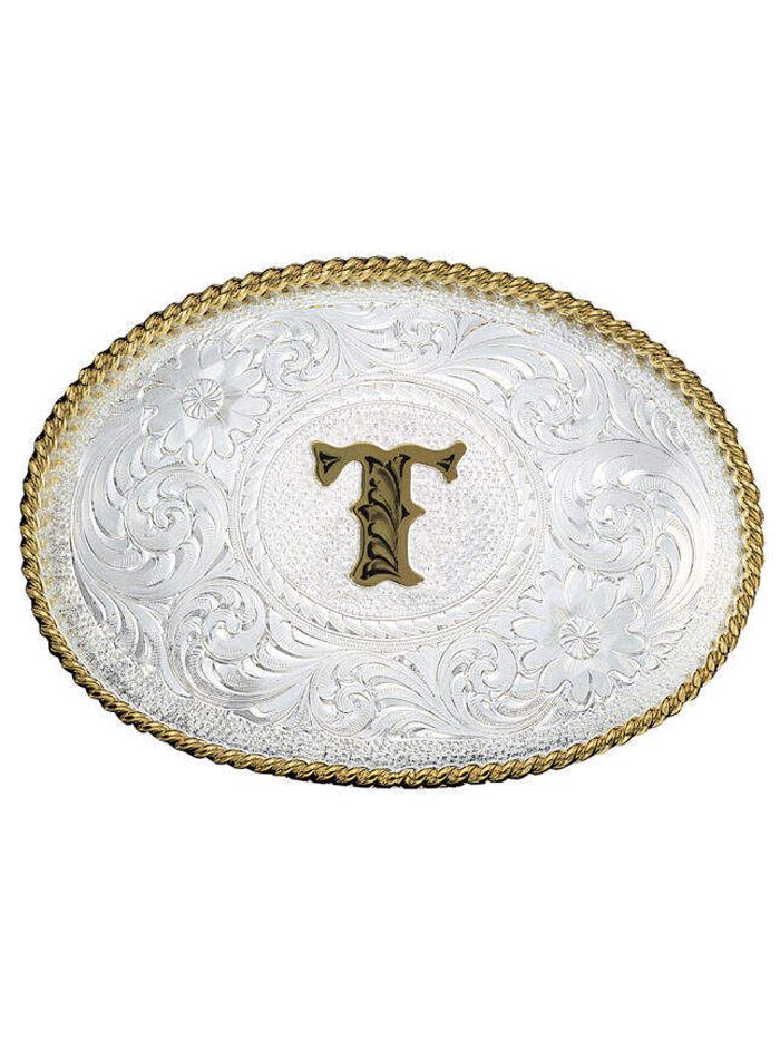 Montana Silversmiths 700 Initial Silver Engraved Gold Trim Western Belt Buckle for Men & Women - Perfect for Cowboy Boots, Jeans & Western Outfits