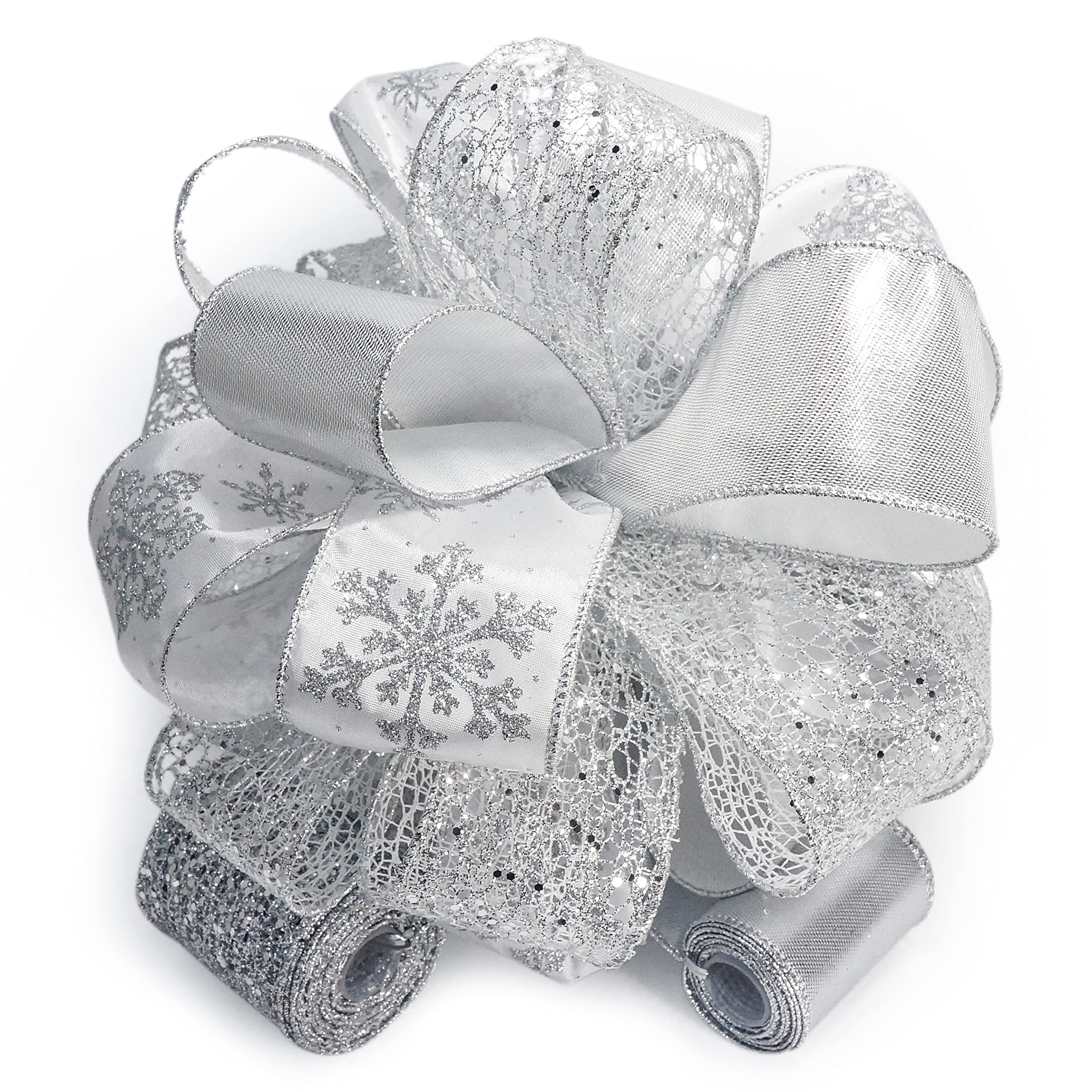 CT CRAFT LLC Silver Snowflake Christmas Tree Topper Bow - 11 Inch with 4 Ribbon Streamers (3 Yards Each) for Holiday Decorations, Elegant Home Décor - Perfect for Christmas Trees, Gift Wrapping & Festive Indoor Decor