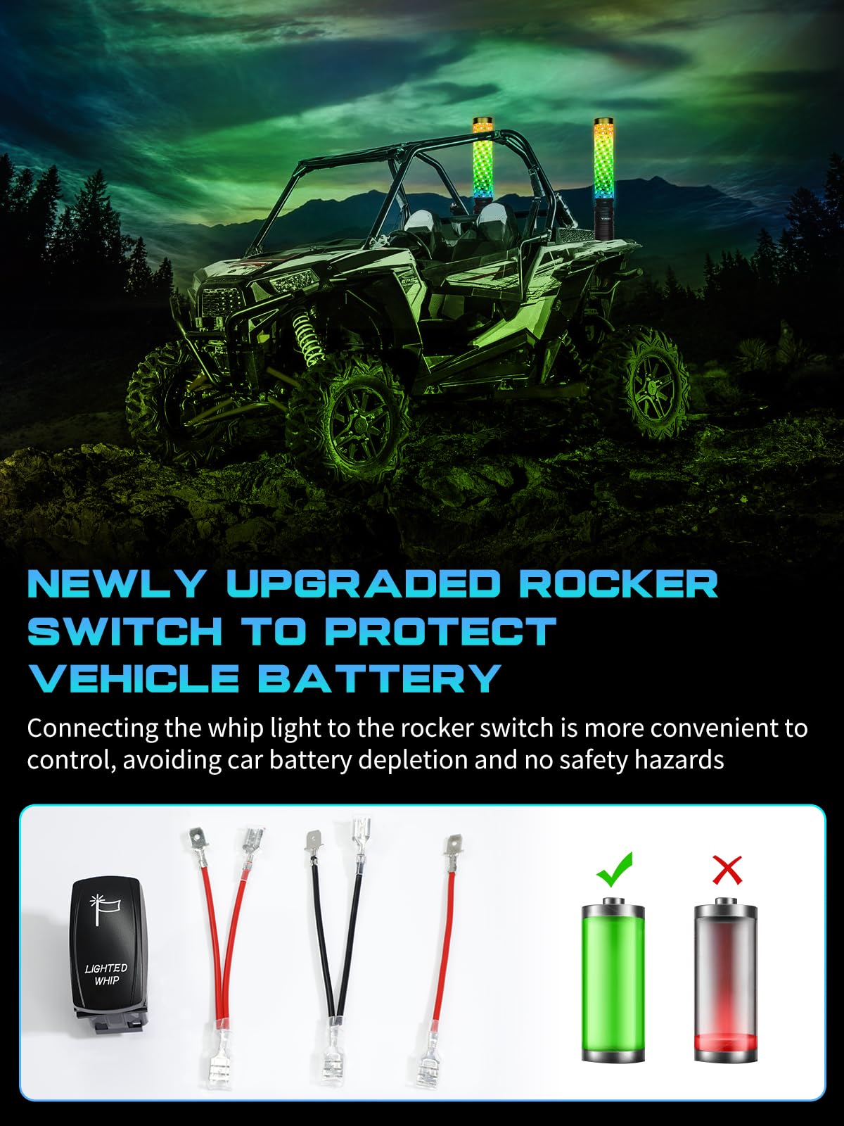 2 Pack 2FT Fat LED Whip Lights with App & Remote Control - RGB Spiral Chasing Lighted Antenna Whips for UTV ATV RZR Can-Am X3 Off-Road Vehicles - Perfect for Night Riding, Off-Road Adventures & Camping
