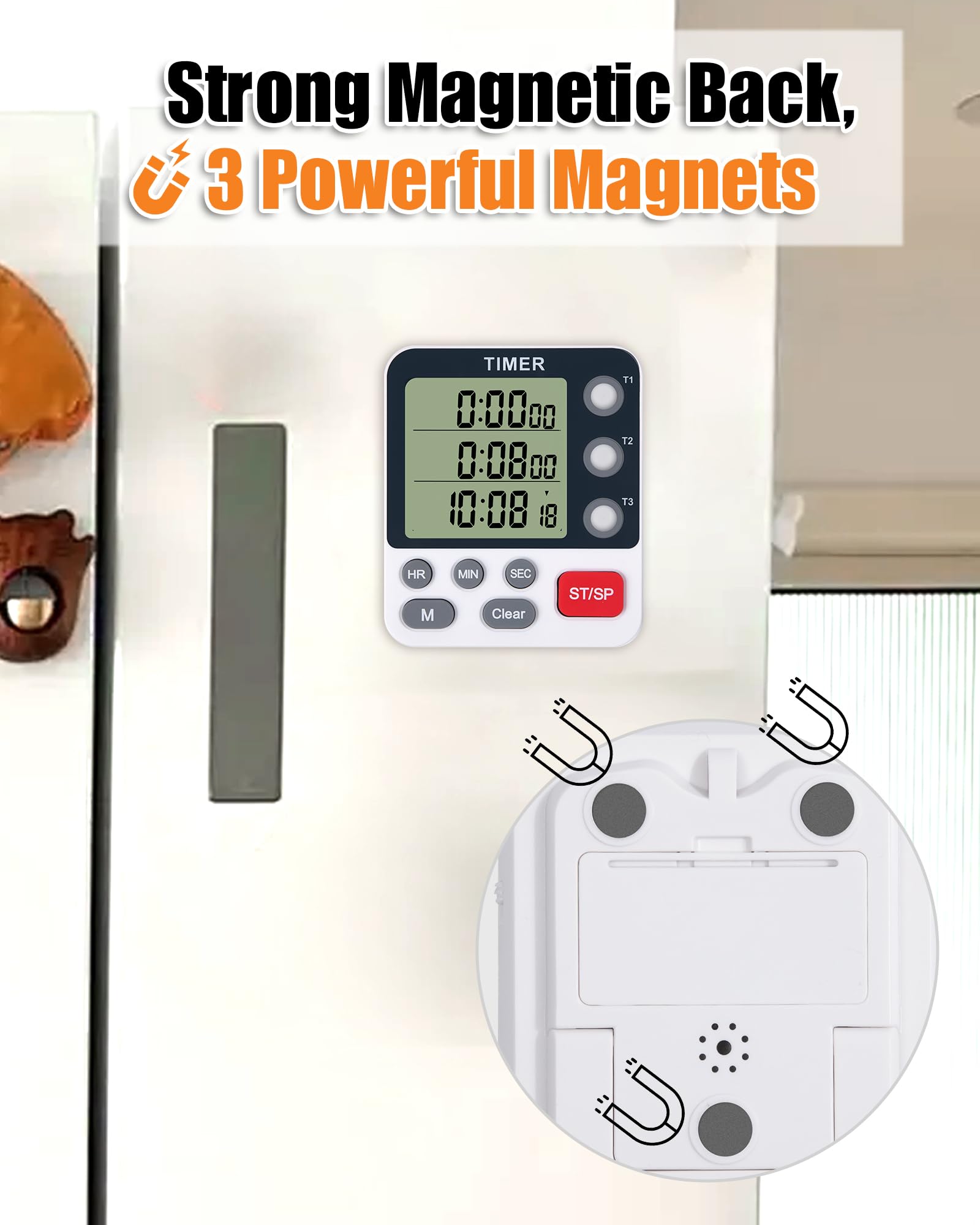 3-Channel Digital Kitchen Timer with Alarm - Large Display, Magnetic Back, Replaceable 3A Battery - Loud Cooking Timer for Baking, Meal Prep & Multitasking (Modern White Design)