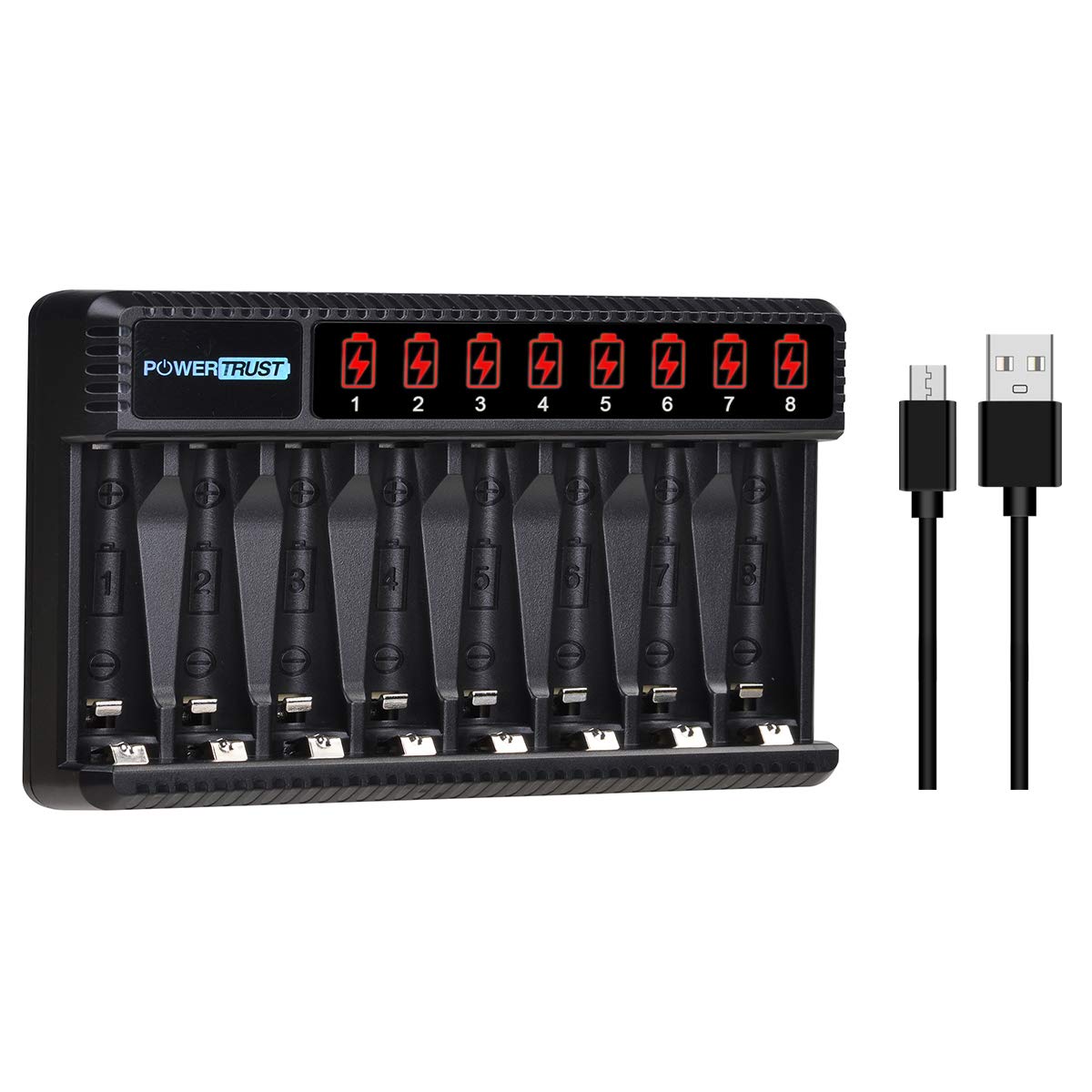 PowerTrust 8 Bay Fast Smart Battery Charger for AA AAA Ni-MH Ni-CD Rechargeable Batteries - Individual LCD Display & Quick Charge - Perfect for Cameras, Toys, Flashlights & Home Electronics
