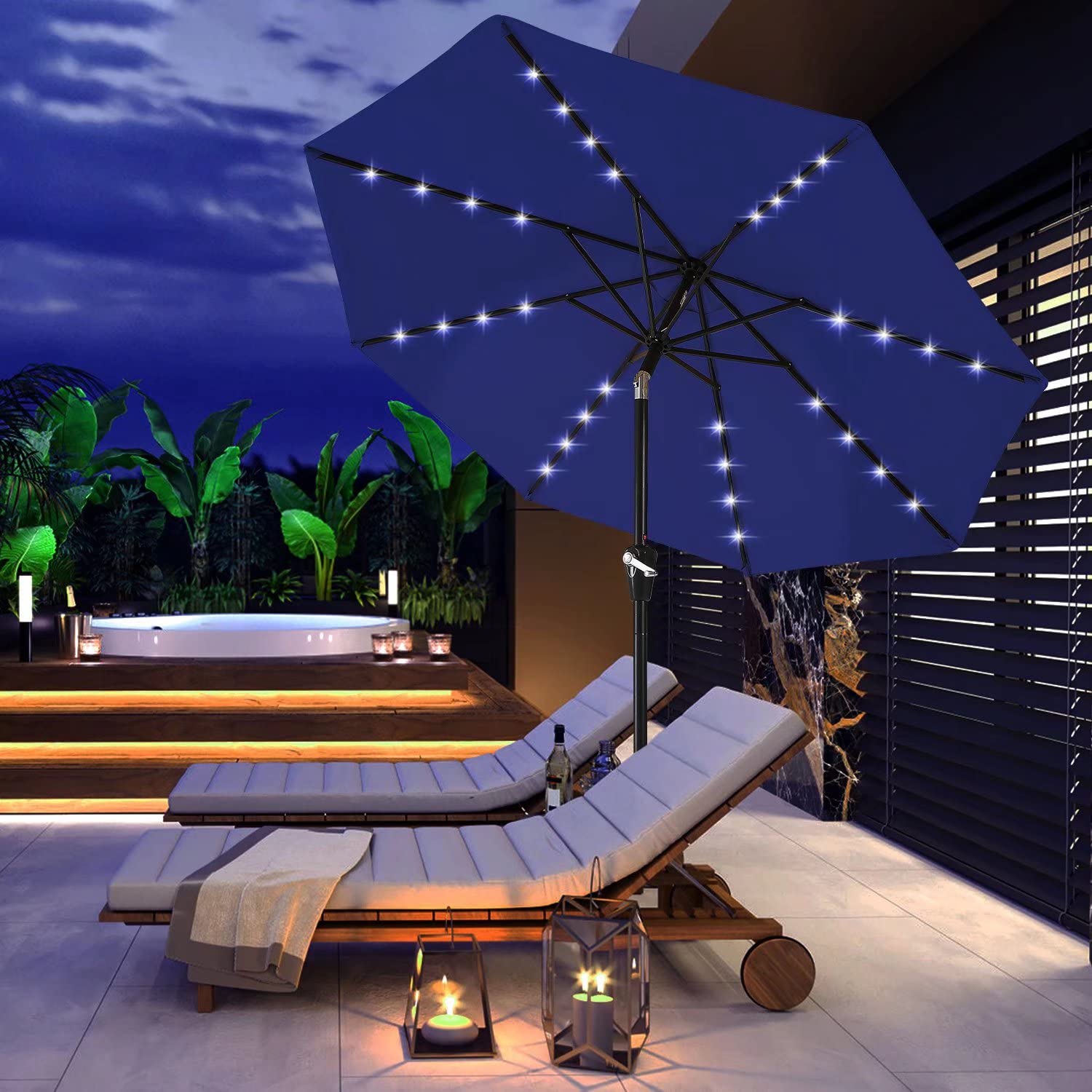 Durable 7.5FT Solar LED Patio Umbrella with 32 Lights - Royal Blue | Waterproof Outdoor Canopy for Garden, Poolside & Backyard Relaxation