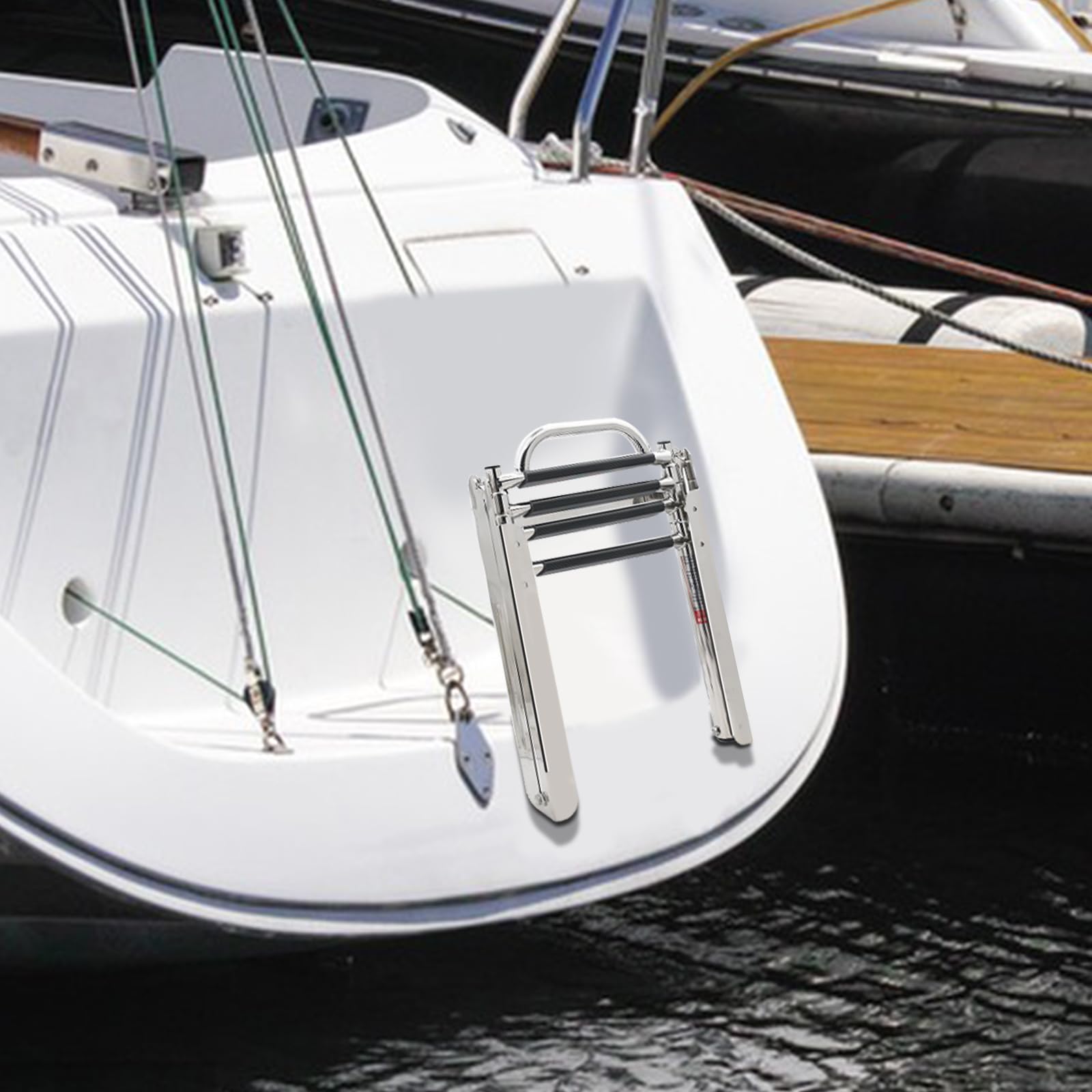 KAOLALI 4-Step 316 Stainless Steel Telescoping Marine Ladder - Retractable Boat Ladder for Yacht, Dock & Pool - Heavy Duty Under Platform Ladder for Boats, Pontoons & Swimming Platforms    (Use: Perfect for boarding boats from docks, swimming platforms, or pools. Ideal for yachts, pontoons, and marine applications requiring durable, rust-resistant access.)