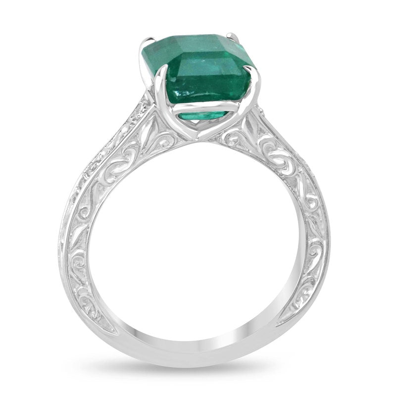 3.57tcw Asscher Cut Emerald & Diamond Engagement Ring in Platinum - Vintage Floral Scroll Design for Wedding, Proposal & Anniversary Gifts