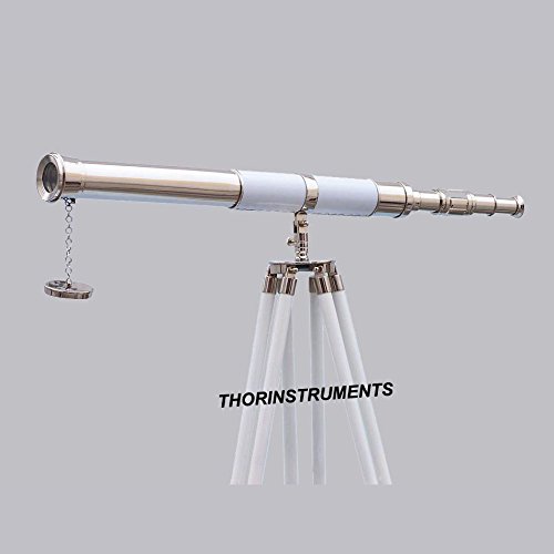 60 Inches Nautical Floor Standing Telescope - Chrome & White Leather Vintage Admiral Style - Rustic Home Decor for Living Room, Office, or Man Cave Gifts