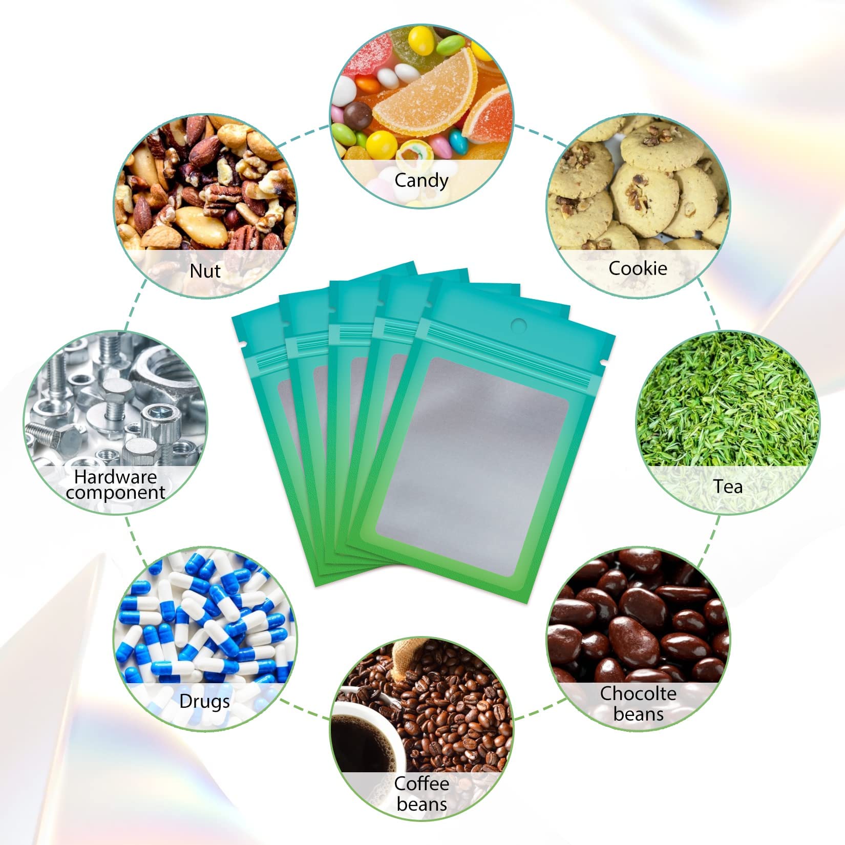 Funfery 100 Pack Resealable Smell Proof Food Storage Bags - 4x6 Inch Clear Mylar Zipper Pouch for Jewelry, Eyelash, Gloss Samples (Blue Green) | Ideal for Small Business Packaging & Organizing