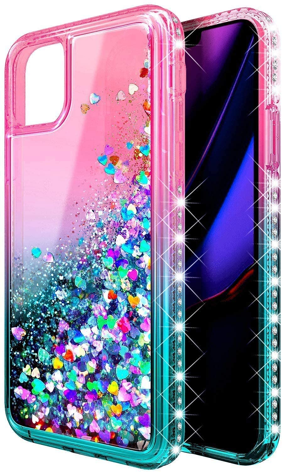 NGB iPhone 11 Case with Tempered Glass Screen Protector - Shockproof Ring Holder & Wrist Strap - Bling Sparkle Glitter Phone Cover for Women Girls (Pink/Aqua) - Perfect for Daily Use, Work, Travel & Fashion Accessories