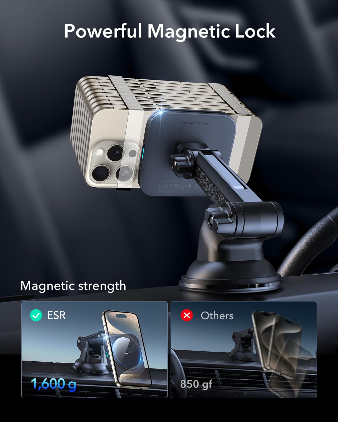 ESR Qi2 15W MagSafe Car Charger - Qi2 Certified Wireless Magnetic Car Phone Holder for iPhone 16/15/14/13/12 - Fast Charging Dashboard Mount for Safe Driving & Hands-Free Navigation