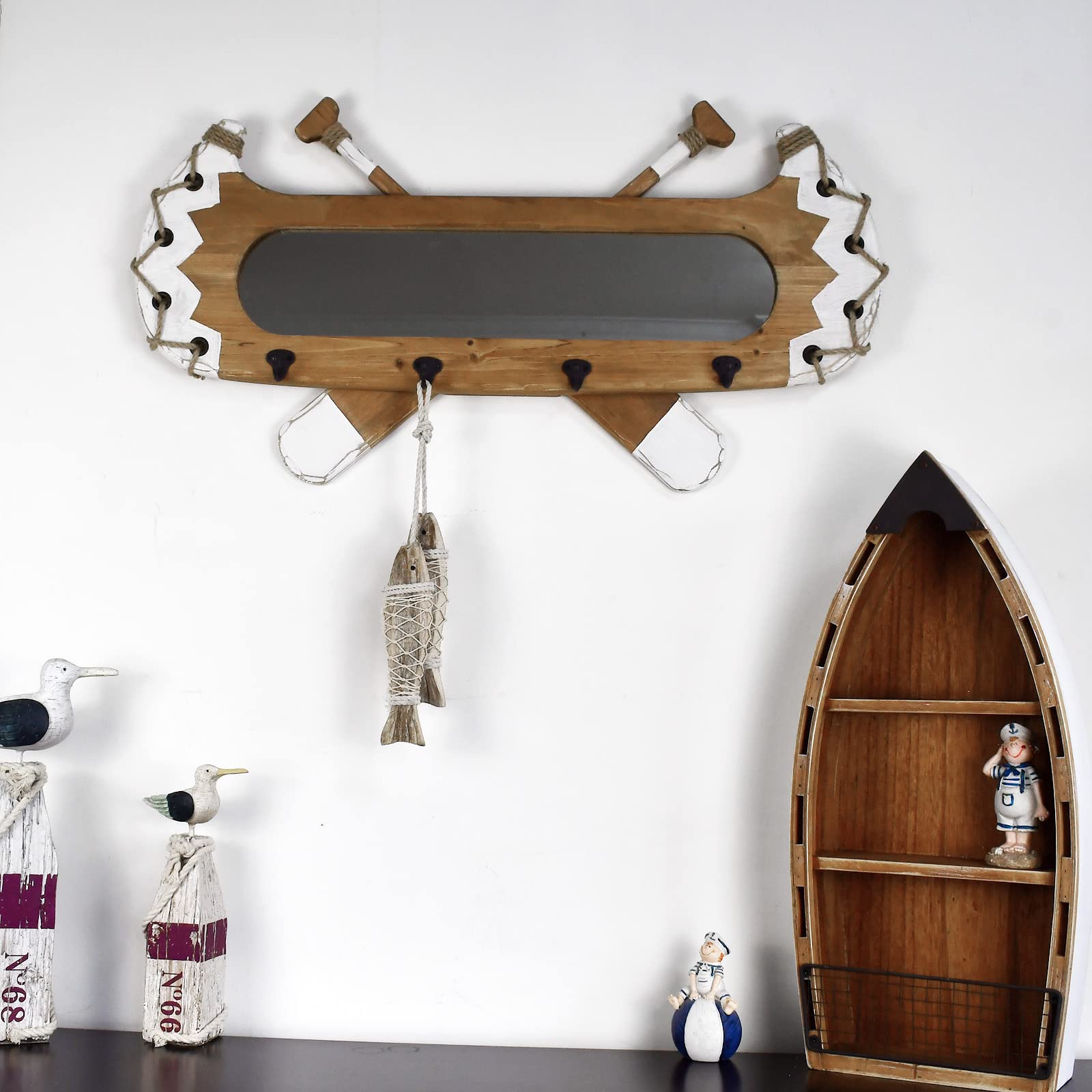 Rustic Wood Framed Wall Mirror with Hooks - 31.5