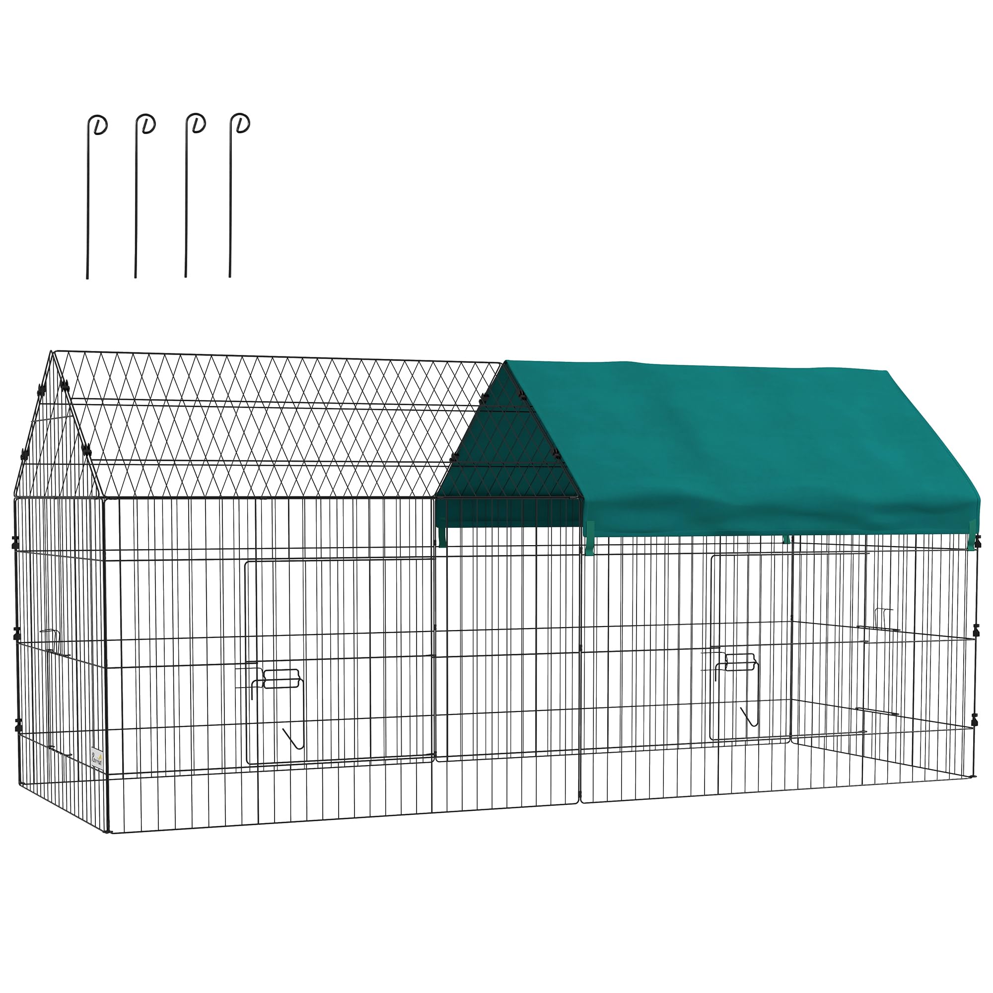 PawHut 87-Inch Small Animal Playpen with Doors - Outdoor/Indoor Catio Cage for Rabbits, Guinea Pigs, Chickens, Chinchillas, Cats, Quails & Ducks - Spire Roof Design in Green - Perfect for Backyard, Patio or Indoor Pet Play Areas