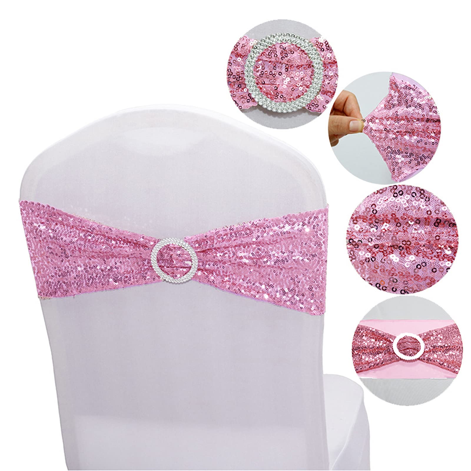 10 PCS Stretch Sequin Chair Sashes - Elastic Spandex Bands for Wedding, Reception, Banquet & Party Chair Decorations (Pink) - Perfect for Bridal Showers, Birthday Parties & Special Events