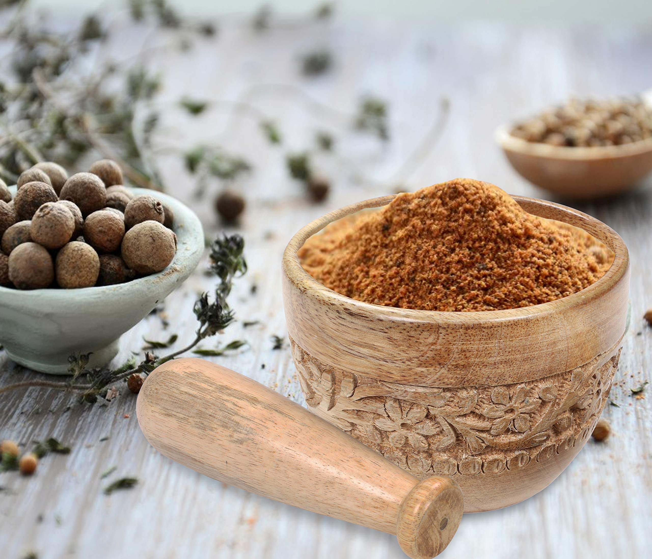 Hand Carved 4-Inch Natural Wooden Mortar and Pestle Set - Herb Grinder, Spice Masher, Garlic Press & Coffee Grinder for Kitchen, Cooking & Baking - Perfect for Grinding Herbs, Spices, Ginger & More