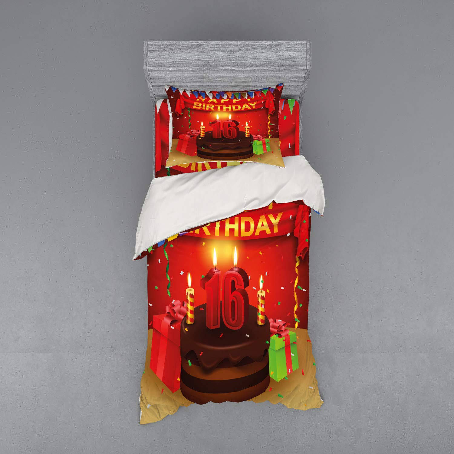 Ambesonne 16th Birthday Bedding Set - Twin XL 3-Piece Duvet Cover with Sham & Fitted Sheet - Fun Party Celebration Design with Flags, Ribbons & Chocolate Cake Candles - Vibrant Multicolor Print - Perfect for Teen Bedrooms, Sleepovers & Birthday Decorations