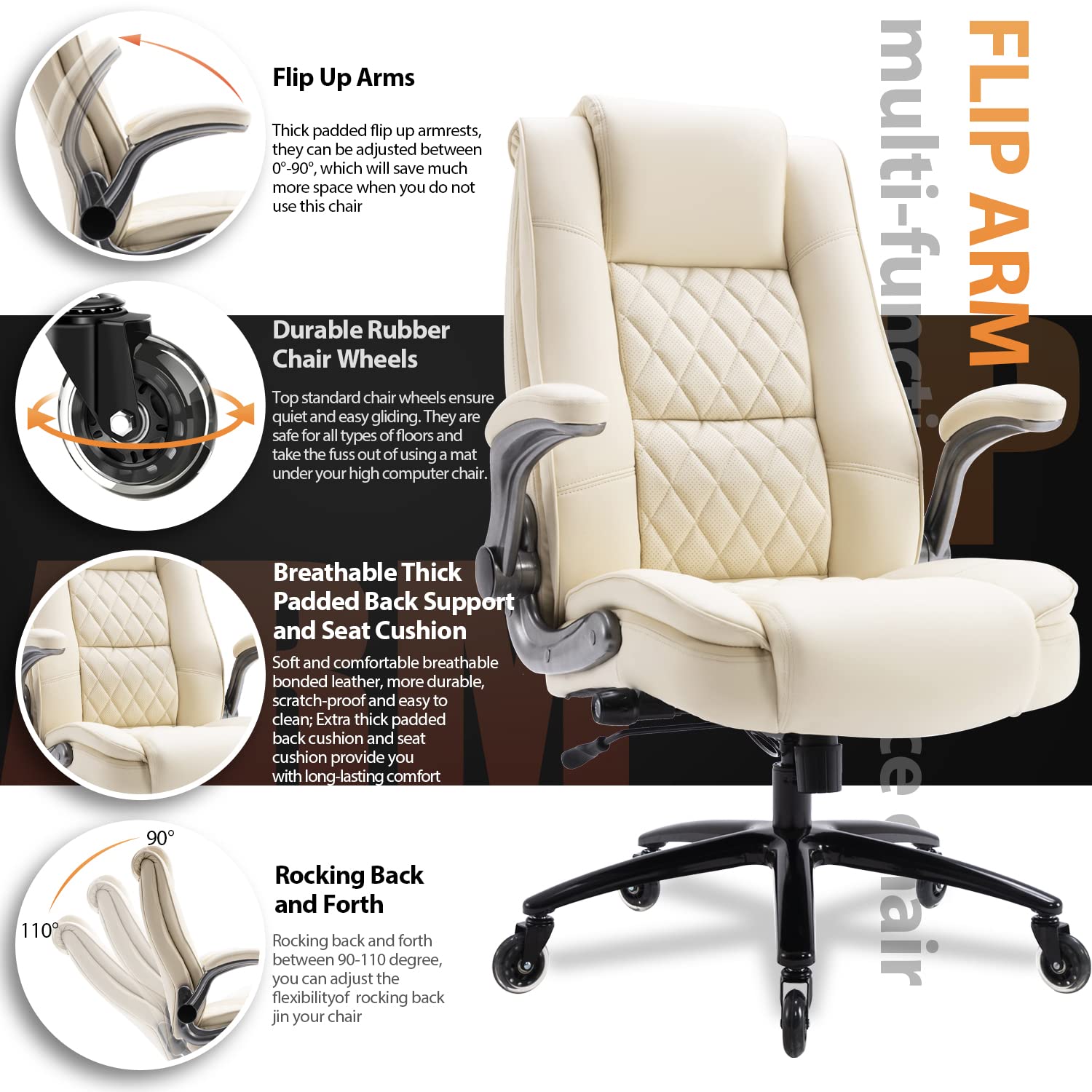 Ergonomic High Back Office Chair with Flip-Up Arms - Adjustable Executive Desk Chair with Built-in Lumbar Support & Thick Padding for Back Pain Relief - Perfect for Home Office, Gaming & Computer Work (Beige)