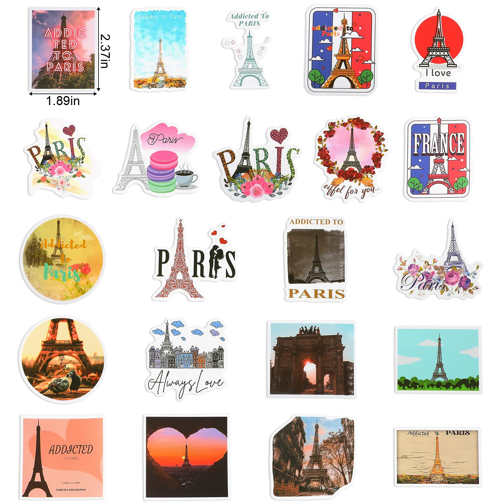 100 Pcs Paris Stickers - French Style Vinyl Decals with Eiffel Tower & US States - Vintage Travel Stickers for Water Bottles, Laptops, Scrapbooking & DIY Crafts