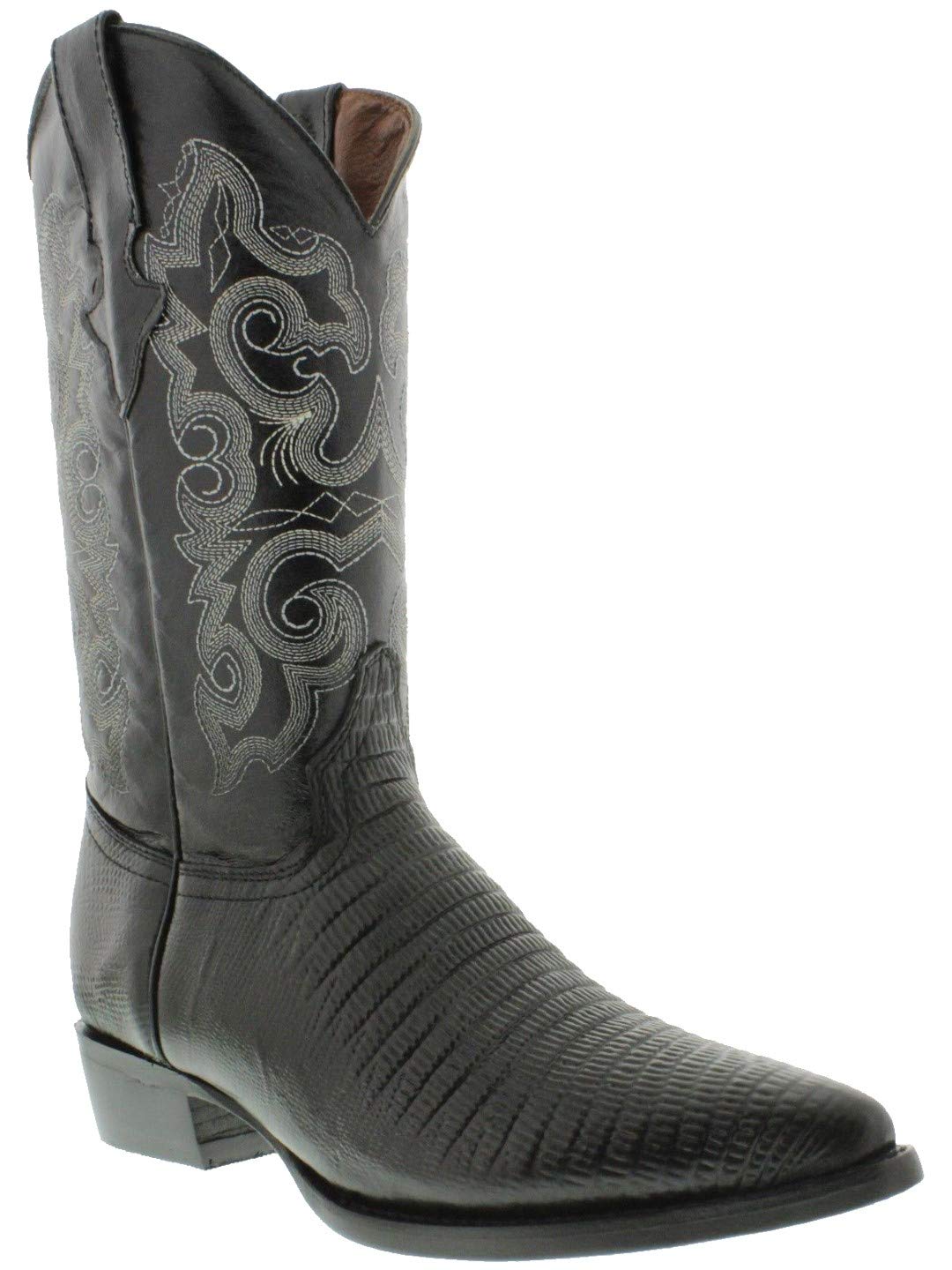 Men's Black Western Leather Cowboy Boots with Teju Lizard Print & J-Toe - Perfect for Country Dancing, Rodeos & Western Fashion