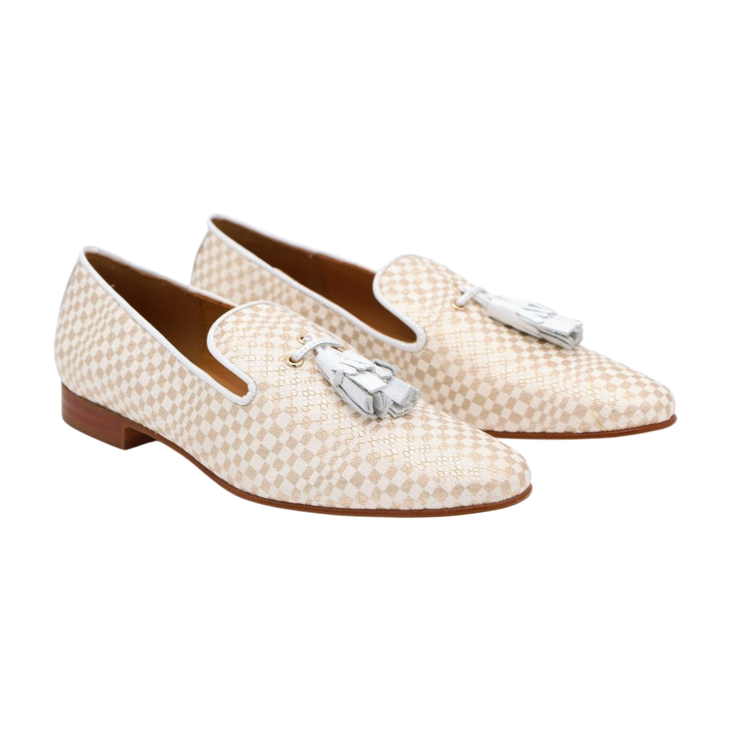 PEDRO MIRALLES White & Gold Checkered Leather Loafers with Tassel - Classic Men's Dress Shoes for Business, Office & Formal Occasions