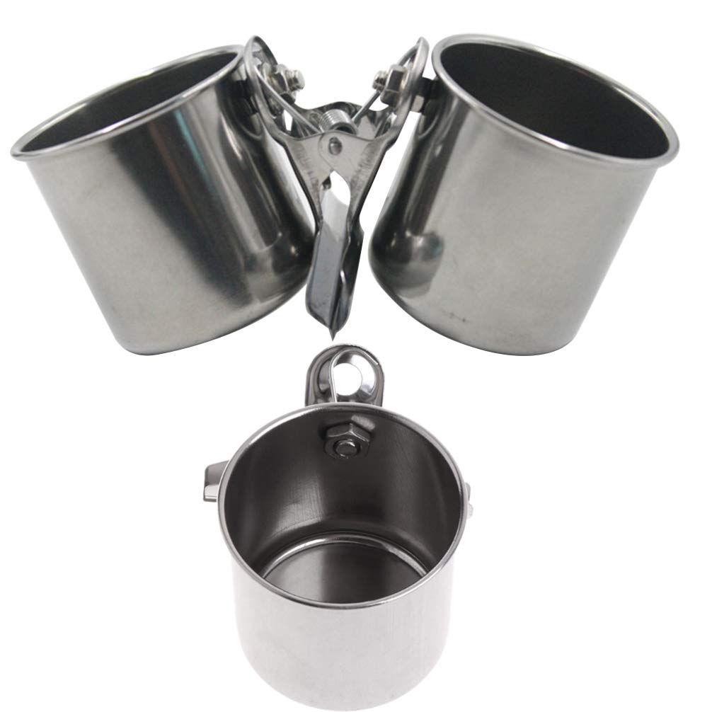 STOBOK 2 Pack Stainless Steel Bird Feeder Cups with Clamp - Hanging Food & Water Bowls for Parrots, Canaries, Finches - Perfect for Bird Cages, Aviaries & Outdoor Coops (Silver)