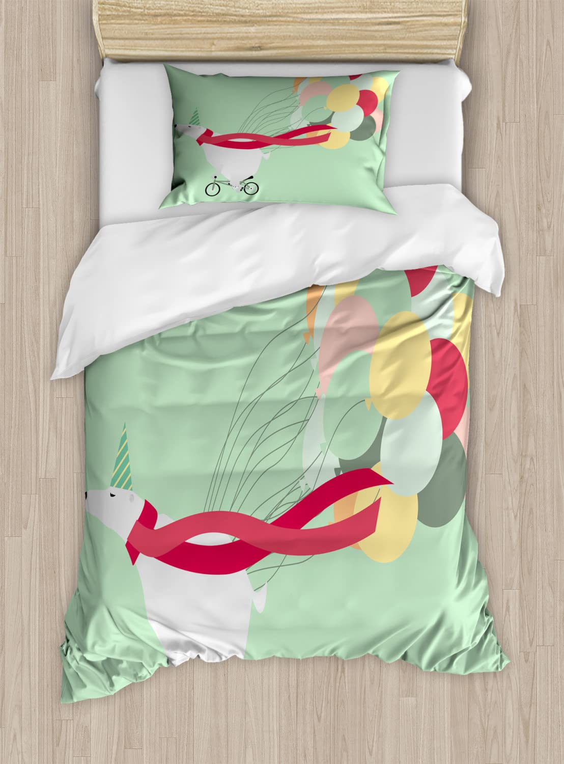 Ambesonne Polar Bear Duvet Cover Set - King Size 2-Piece Bedding with 4 Pillowcases | Happy Birthday Party Theme Featuring Colorful Balloons & Bear on Bike Design | Pale Green Multicolor | Perfect for Kids' Rooms, Birthday Decor & Cozy Bedroom Makeovers