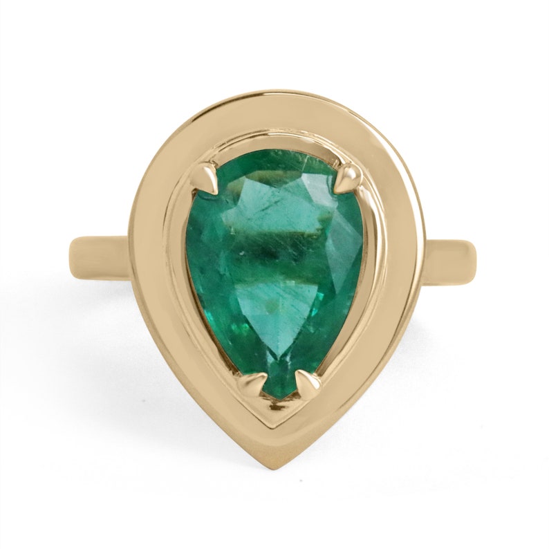 3.10ct 18K Pear Cut Emerald Dark Green Solitaire Four Prong Half Bezel Solid Gold Ring for Engagement, Wedding, Anniversary & Special Occasions