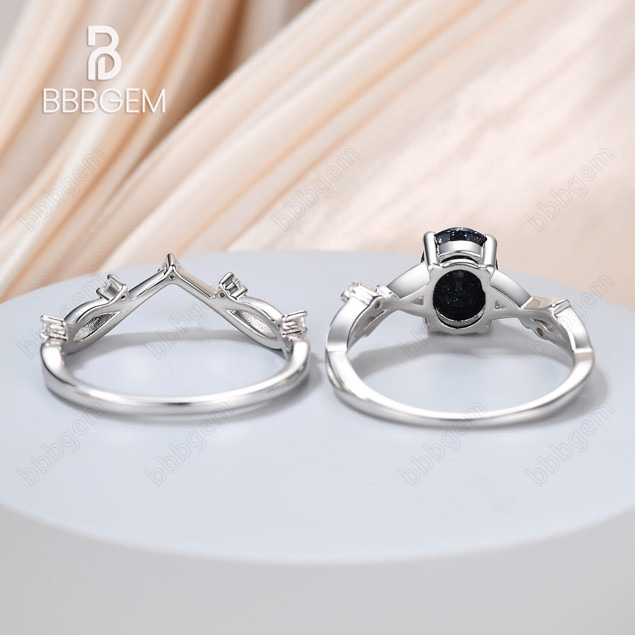 Oval Blue Sandstone Engagement Ring Set - 14K White Gold Solitaire Diamond Ring with Willow Twig Vine Design | Perfect for Proposals, Anniversaries & Wedding Jewelry