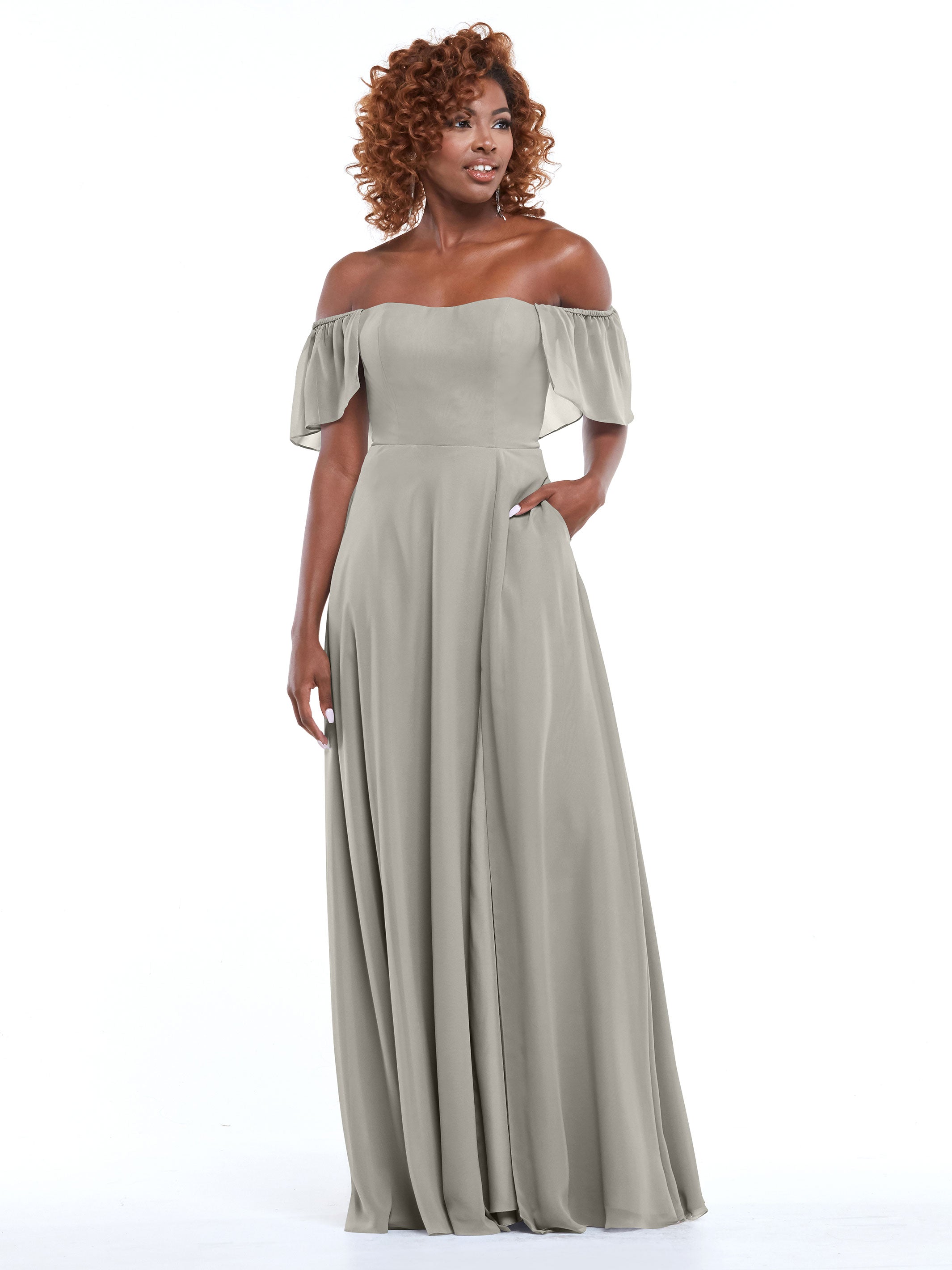 Elegant A-Line Off-The-Shoulder Chiffon Bridesmaid Dress with Pockets - Perfect for Weddings, Parties & Formal Events (Style: ALT2)