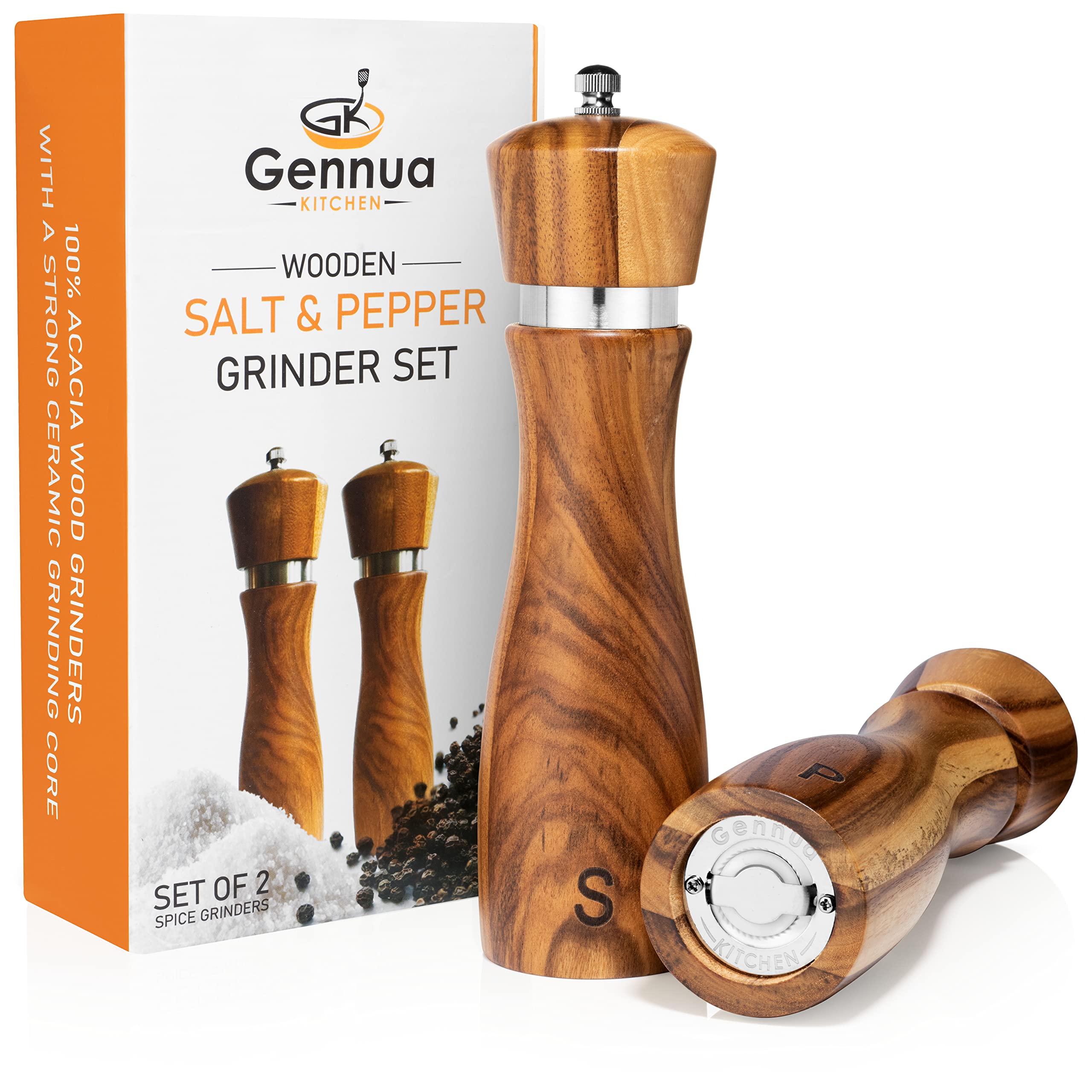 Premium Acacia Wood Salt and Pepper Grinder Set - Refillable Adjustable Coarseness, Ceramic & Stainless Steel Core, 8 Inch Kitchen Essentials for Gourmet Cooking, Dining Table & Gift Giving