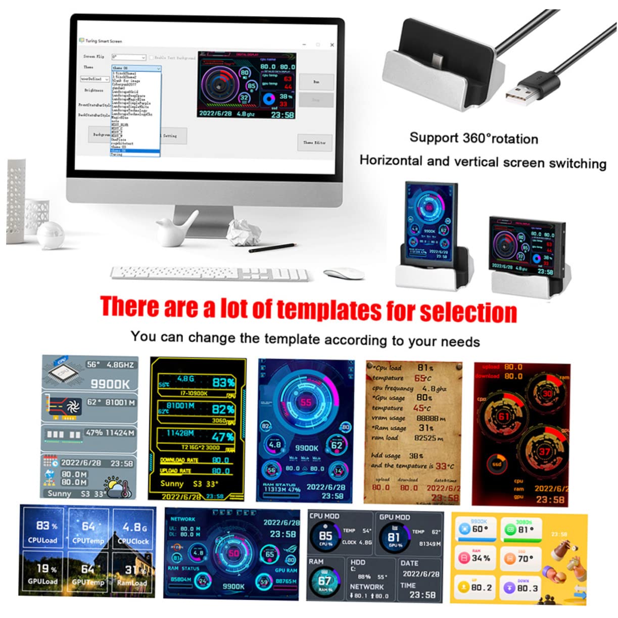 Homoyoyo 3-Pack USB Mini Secondary Monitor for PC - Real-Time Network, RAM, GPU & CPU Data Display - Compatible with Mini PCs & Lian Li Q58 Cases - Perfect for Gaming Rigs, Workstations & System Monitoring
