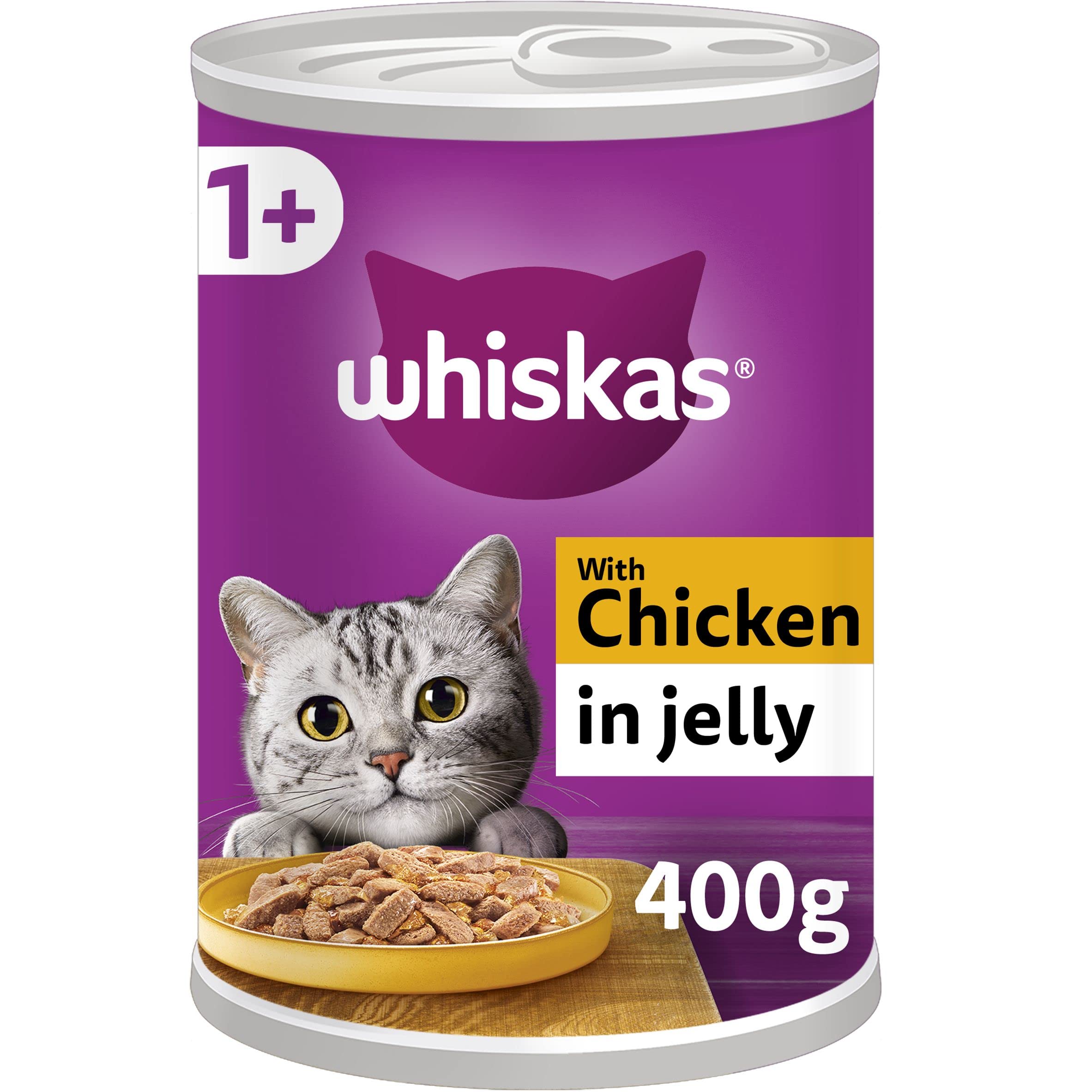 Whiskas Adult Cat Wet Food - Chicken in Jelly, Pack of 12 x 400g Cans - High Protein Meal for Indoor & Outdoor Cats - Perfect for Daily Feeding & Weight Maintenance