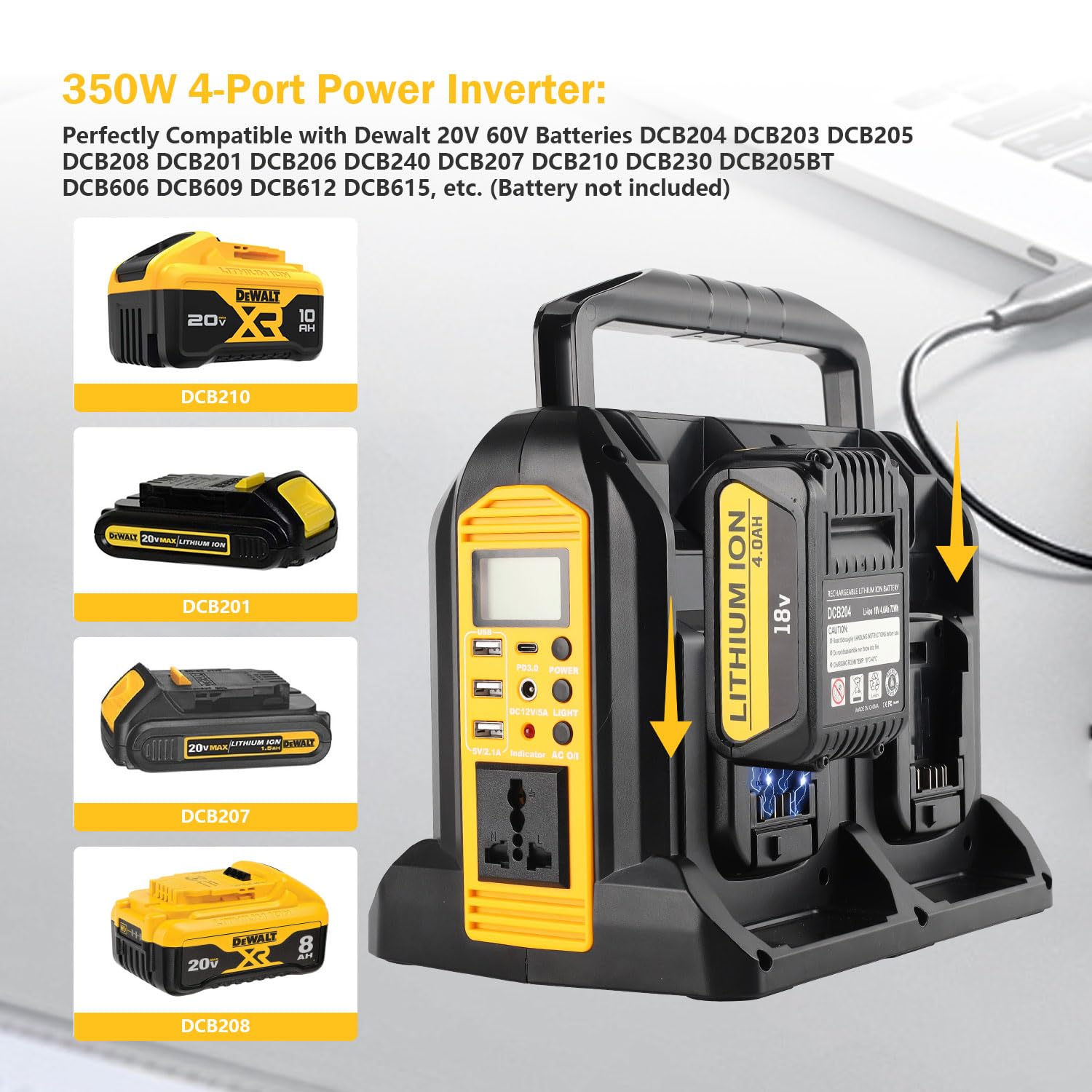 350W Pure Sine Wave Power Inverter for Dewalt 20V/60V Li-ion Battery - 4-Port 120V AC Outlet with LED Light, USB-C, 3 USB-A & DC Port - Portable Power Station for Camping, RV, Emergency Backup & Outdoor Activities (Tool Only)