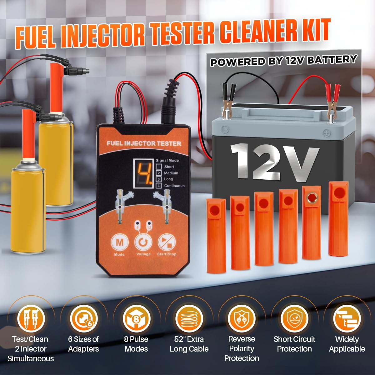 Universal Fuel Injector Cleaner Kit - 8 Pulse Modes Tester & Cleaning Tool with 6 Size Adapters (12V/5V Output) | DIY Car Maintenance for Improved Engine Performance & Fuel Efficiency