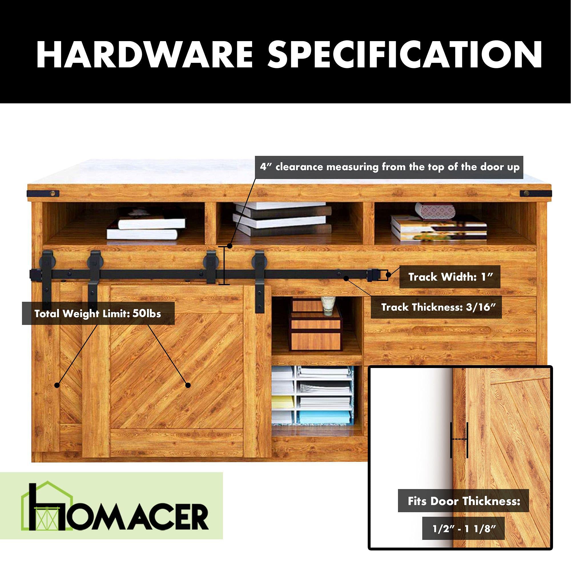 Homacer Mini Black Rustic Single Track Bypass Sliding Barn Door Hardware Kit - 72-inch Flat Track for 3 Doors (1 Flat + 2 Bent Rollers) - Classic Design for Cabinet, TV Stand, Bookshelf & Room Divider Installation