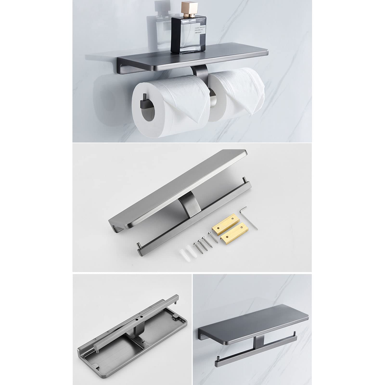 Double Toilet Paper Holder with Shelf - Wall Mounted Bathroom Tissue Dispenser & Phone Storage | Gun Grey Bathroom Accessories for Modern Homes