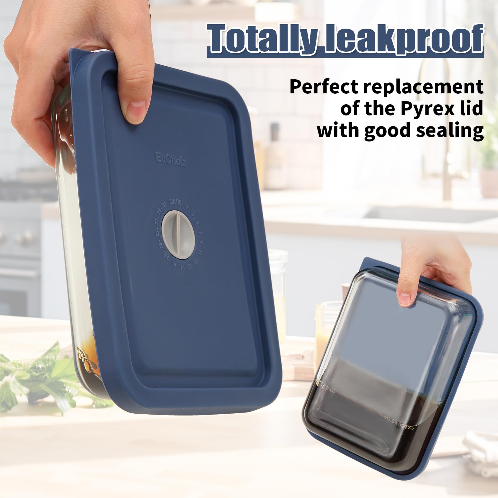 Pyrex 7211-PC 6 Cup Rectangle Replacement Lids - 2 Pack Silicone Storage Cover Lids with Date Mark for Glass Bowls (Dark Blue) - Perfect for Meal Prep, Leftovers & Refrigerator Storage