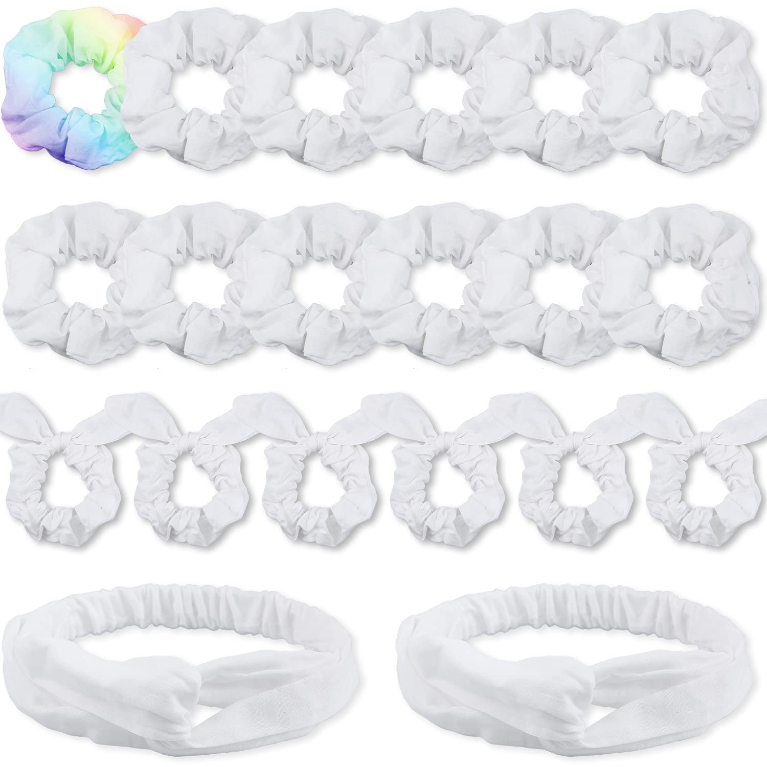 IVARYSS White Scrunchies for Tie Dye DIY - Cotton Bow Hair Scrunchies & Headbands Set - 20-Piece Hair Accessories for Women & Girls - Perfect for Parties, Crafts, and Everyday Styling
