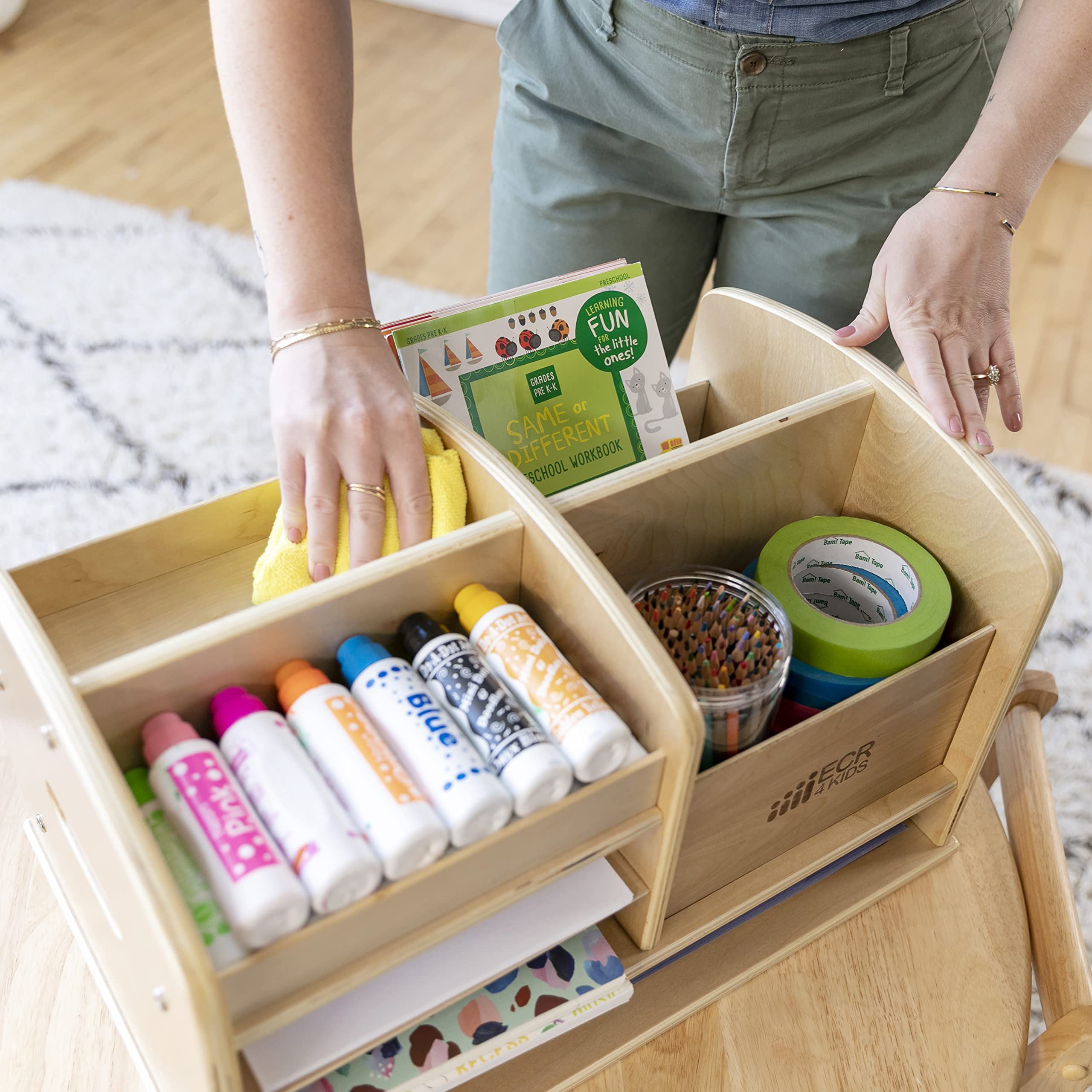 ECR4Kids Desktop Organizer for Classroom Supplies - Natural Wood Teacher Caddy with Storage Bins | Perfect for School, Office & Homeschool Organization
