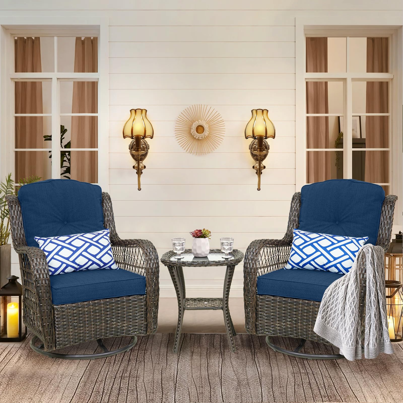 3-Piece Outdoor Swivel Rocking Patio Furniture Set - Blue PE Wicker Rattan Chairs with Glass Table & 2 Cushions - Perfect for Garden, Poolside & Backyard Relaxation