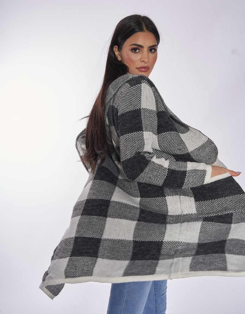 Checkered Knit Cardigan Hoodie for Women - Cozy Oversized Sweater with Pockets | Perfect for Fall, Winter & Casual Outfits
