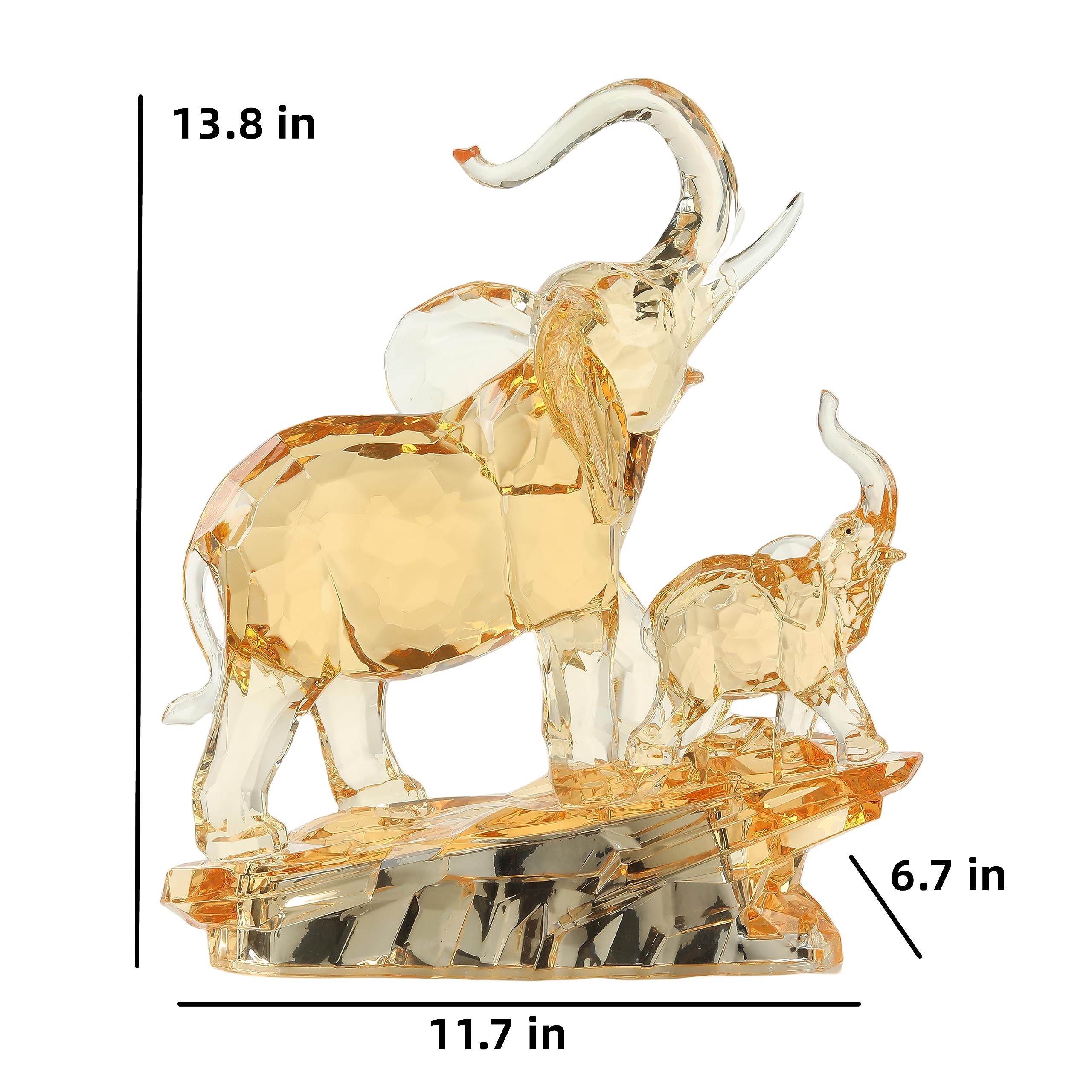 13.87'' Lucky Feng Shui Acrylic Elephant Statue - Mother & Baby African Elephant Figurine with Raised Trunk, Home Decor Gift for Mom, Housewarming, Office Desk & Meditation Space Decoration