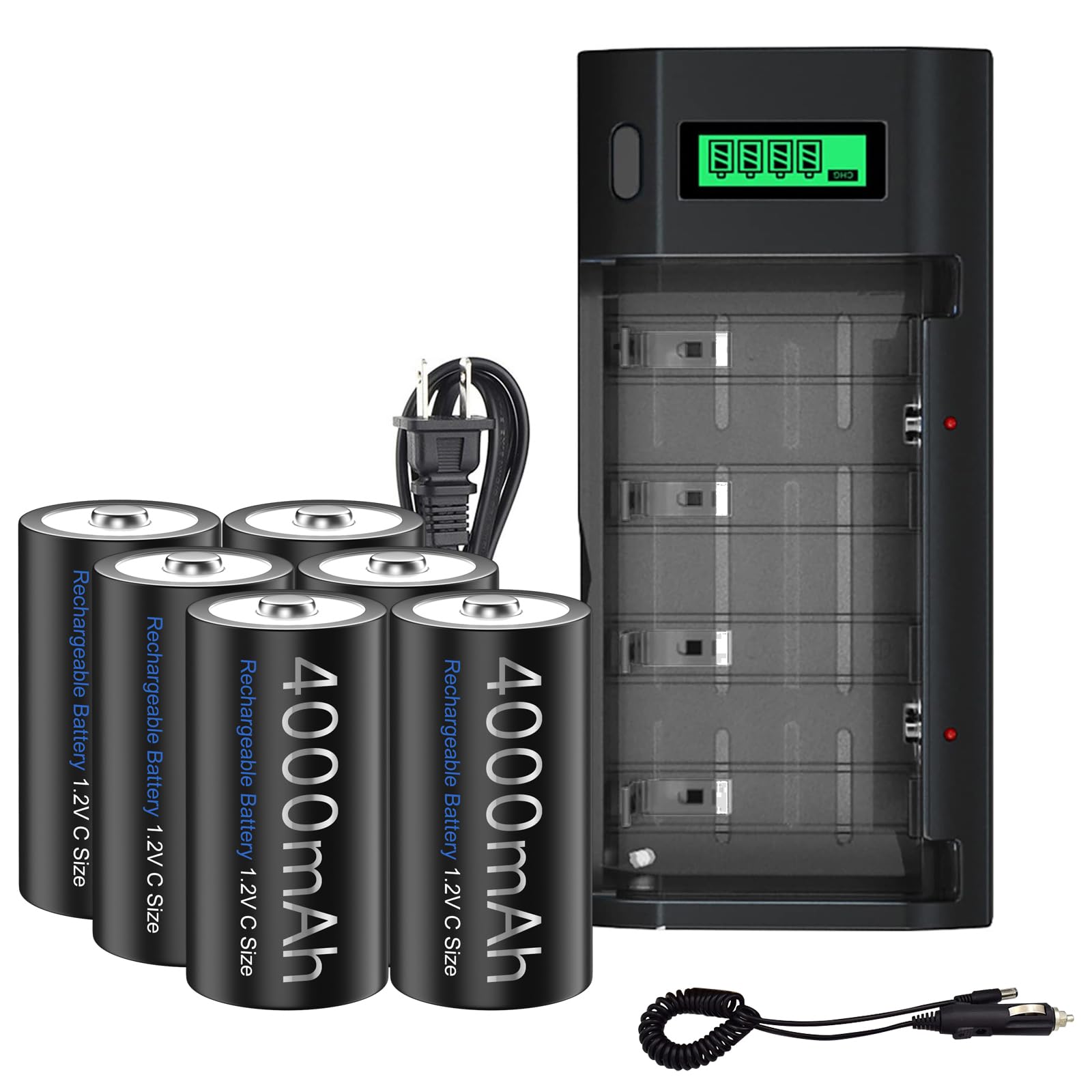 Premium 4000mAh Rechargeable C Batteries 6-Pack with Universal Charger - NiMH 1.2V C Size Batteries for AA AAA 9V D C - Perfect for Flashlights, Toys, Cameras & Emergency Devices