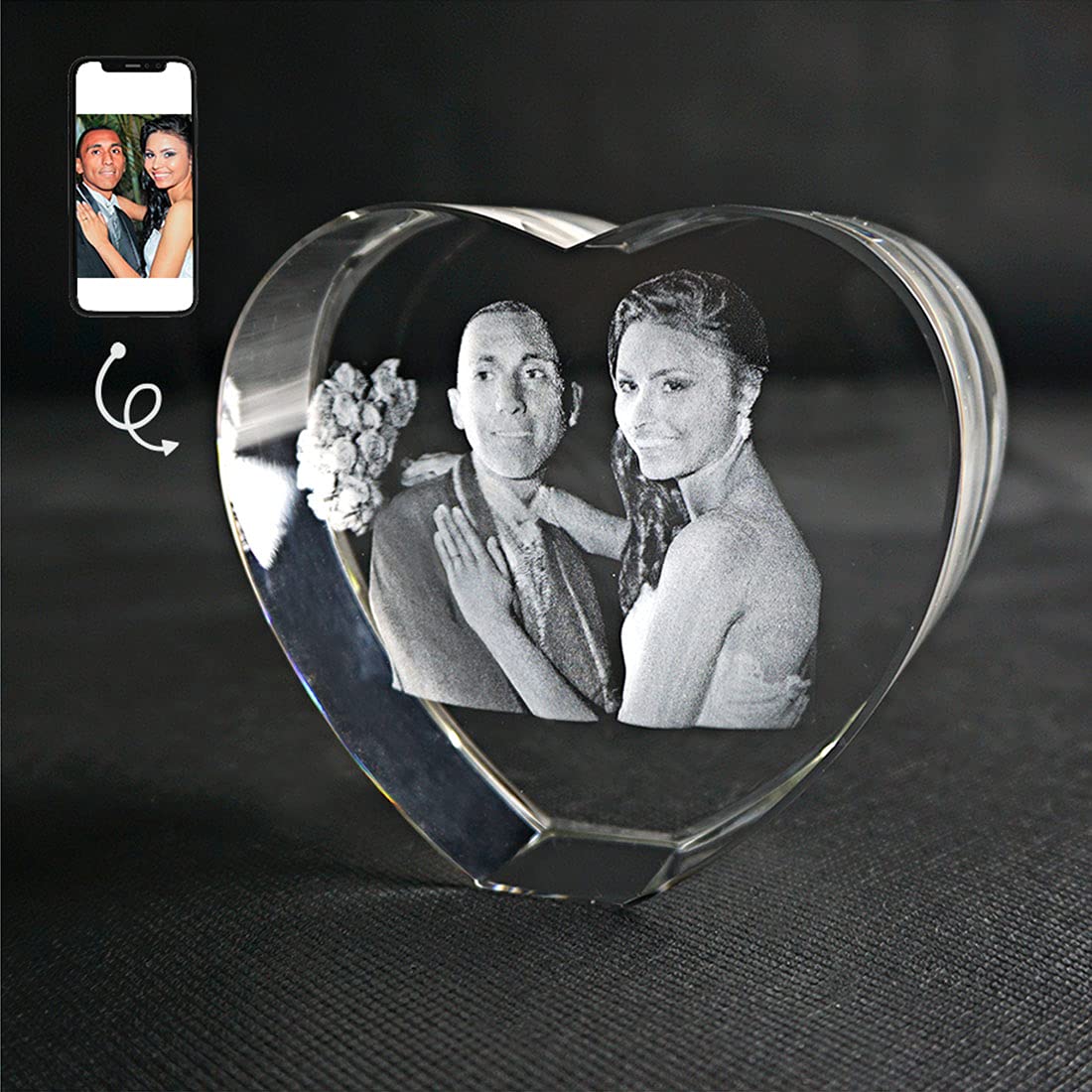 Custom 3D Laser Etched Crystal Photo Gift - Personalized Heart Shaped Keepsake for Birthday, Anniversary, Wedding & Father's Day | Memorial Present for Couples & Loved Ones | Perfect for Home Decor, Office Display & Special Occasions