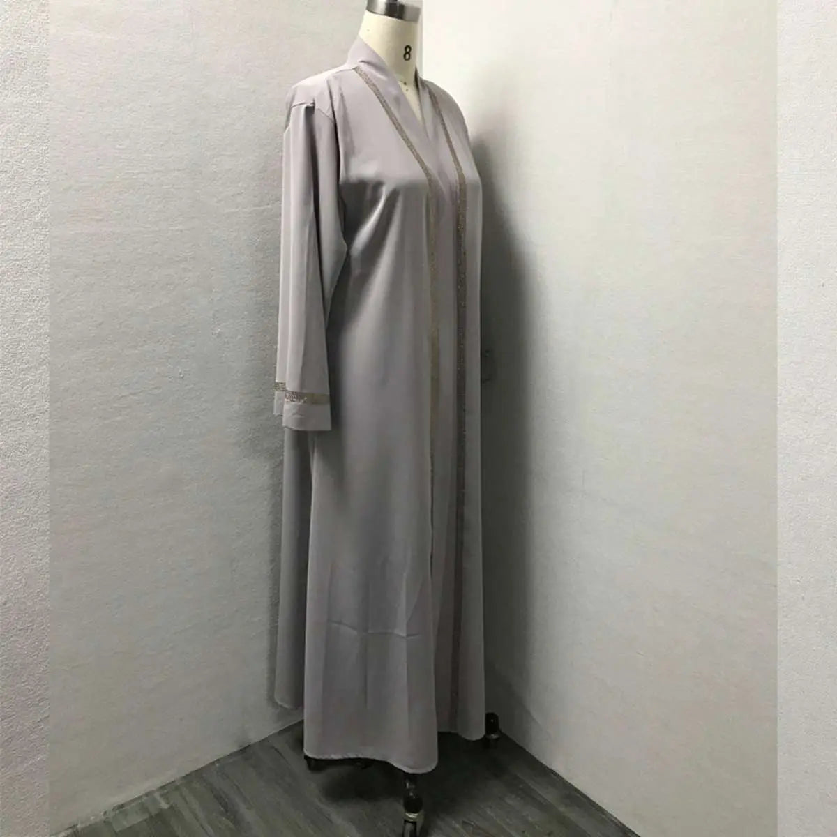 Hotfix Rhinestone Trim Muslim Women's Cardigan Open Abaya Dress - Elegant Islamic Fashion for Prayer, Wedding & Special Occasions