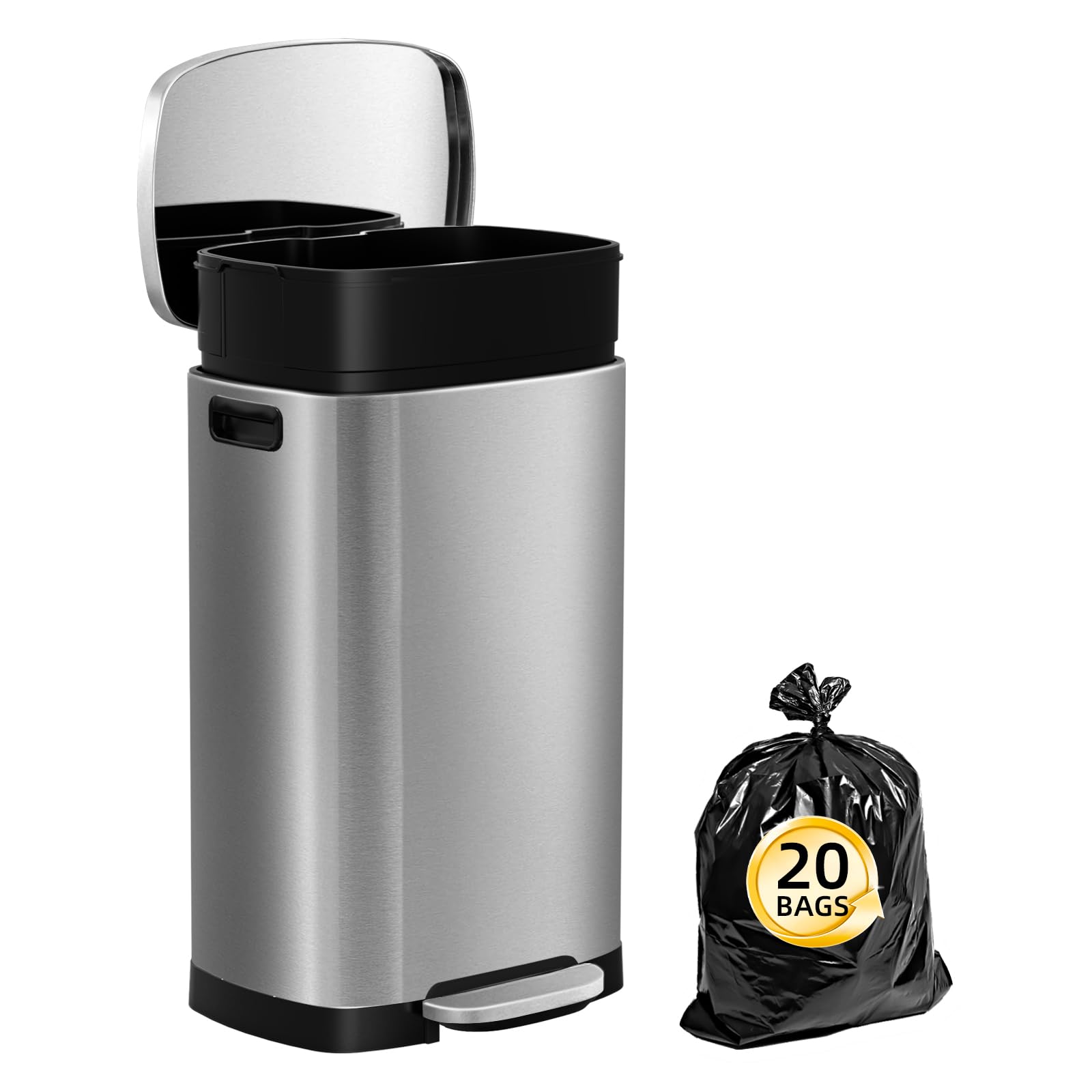 13 Gallon Stainless Steel Trash Can with Lid - 50L Fingerprint Proof Kitchen Garbage Bin, Removable Inner Bucket & Soft Close Pedal - Ideal for Home, Office & Restaurant Use